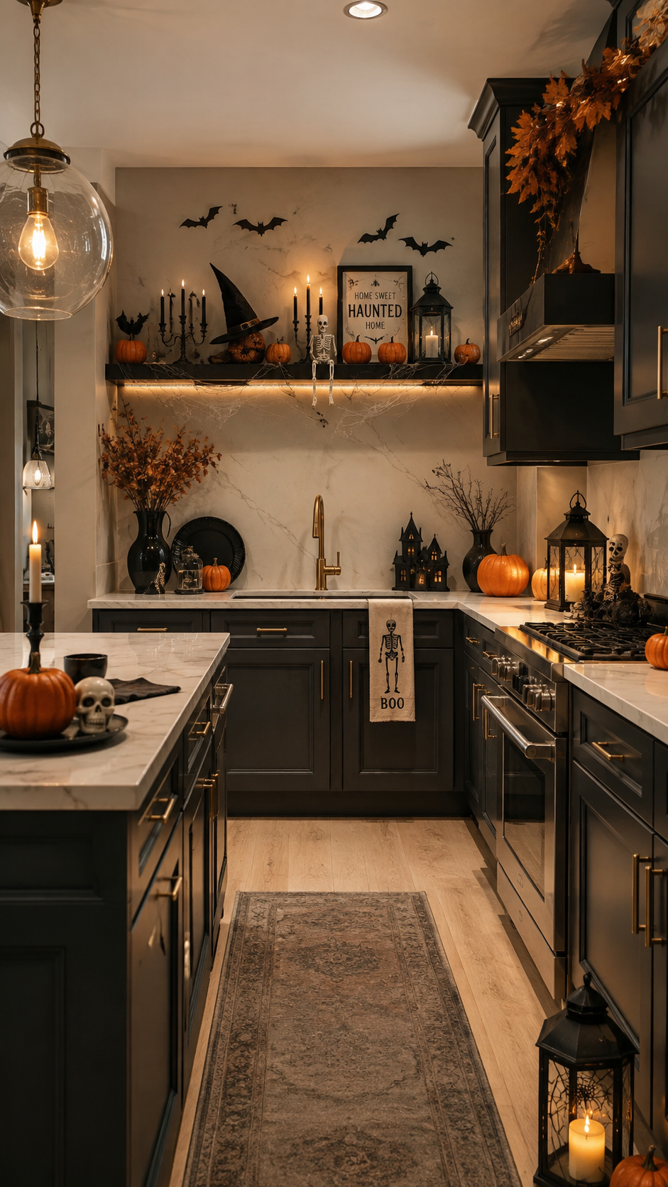 Charcoal Halloween kitchen with marble surfaces, Home Sweet Haunted Home sign, bats, cobwebs, witch hat, pumpkins, skeleton towel, skull centerpiece, lanterns, candles, and autumn branches