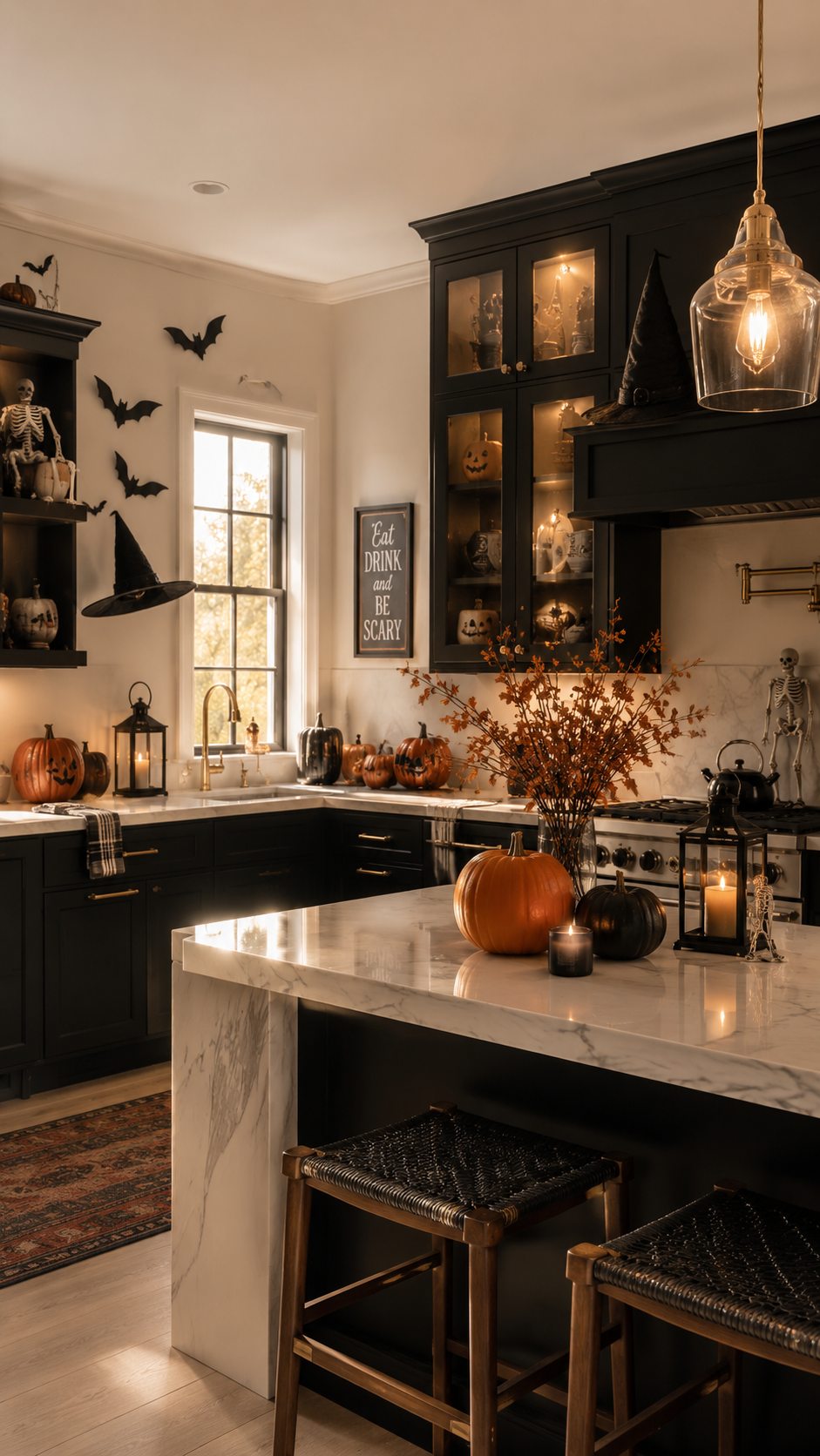 Black and white Halloween kitchen with marble waterfall island, brass accents, witch hats, pumpkins, bats, skeletons, lanterns, orange branches, candles, and woven stools