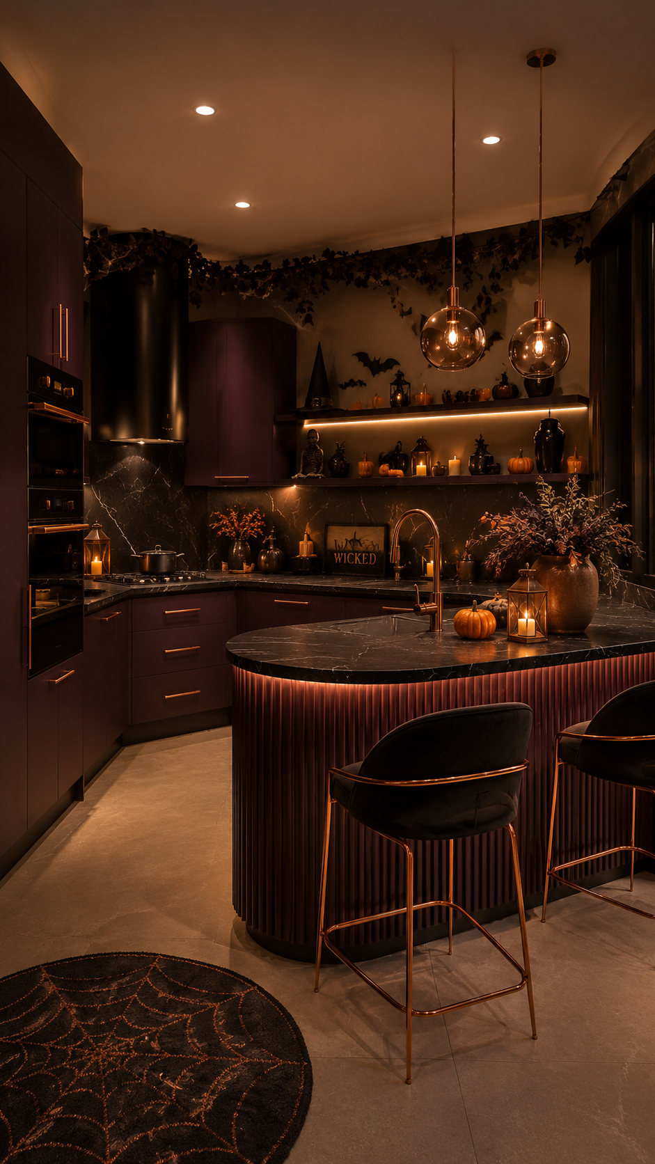 Glamorous burgundy Halloween kitchen with black marble, curved fluted island, pendant lights, bats, skeleton, witch hat, pumpkins, Wicked sign, candles, lanterns, and spiderweb rug