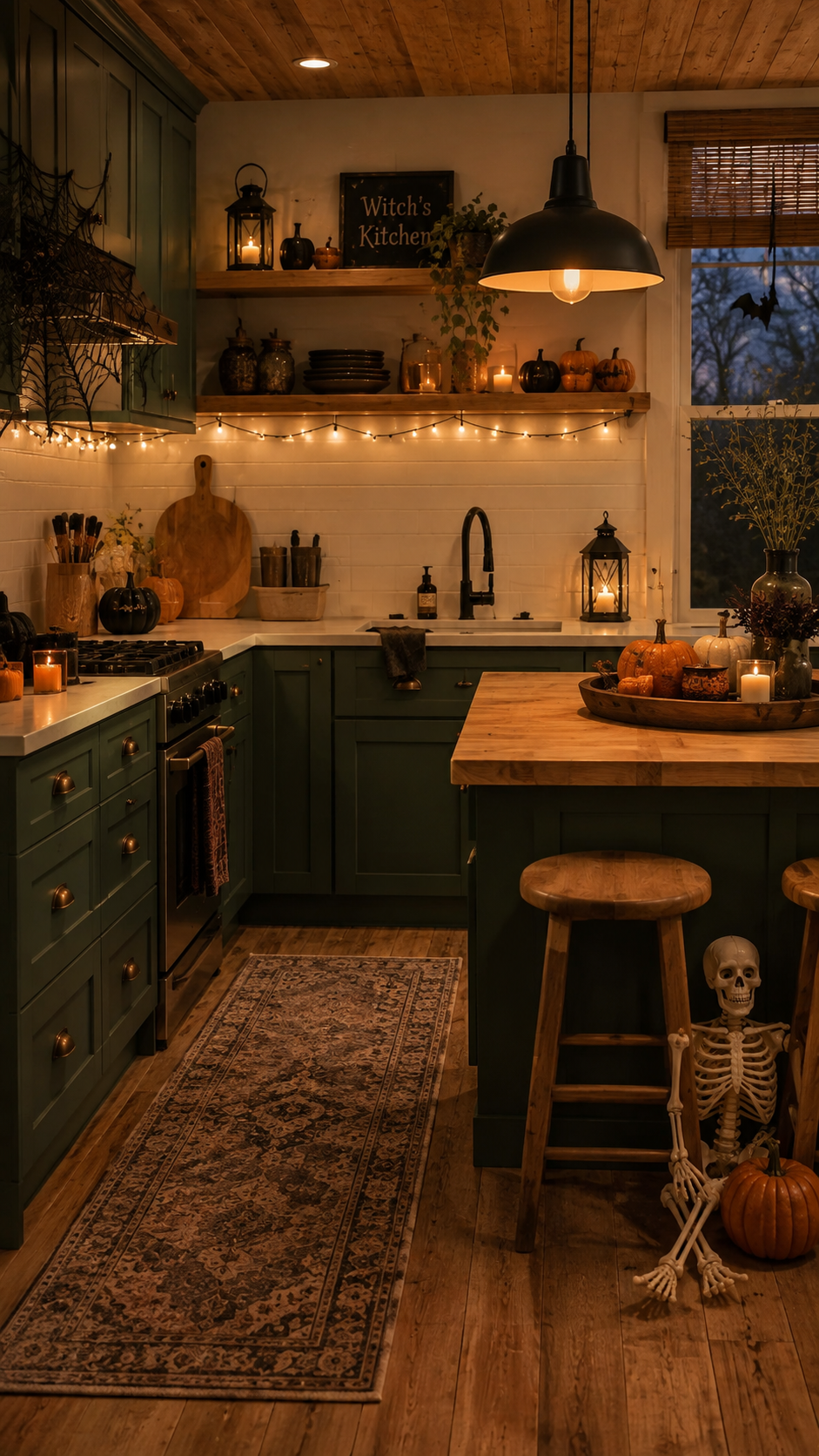 Rustic Halloween kitchen with olive green cabinets, wood ceiling, butcher block island, Witch's Kitchen sign, string lights, skeleton, pumpkins, cobwebs, lanterns, and wooden stools