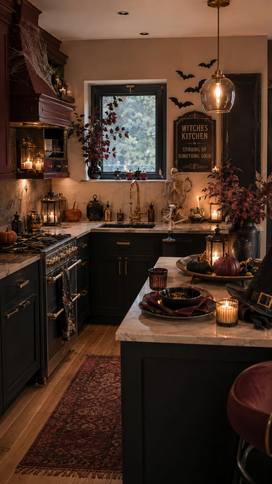Black farmhouse Halloween kitchen with burgundy accents, Witches Kitchen sign, bats, cobwebs, skeleton, pumpkins, candles, lanterns, island tablescape, brass faucet, and red runner