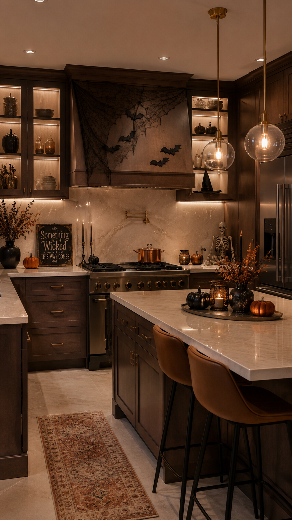 Warm walnut Halloween kitchen with glass-front cabinets, black webbing, bats, marble backsplash, pumpkins, lanterns, skeleton, autumn branches, glass pendants, leather stools, and runner