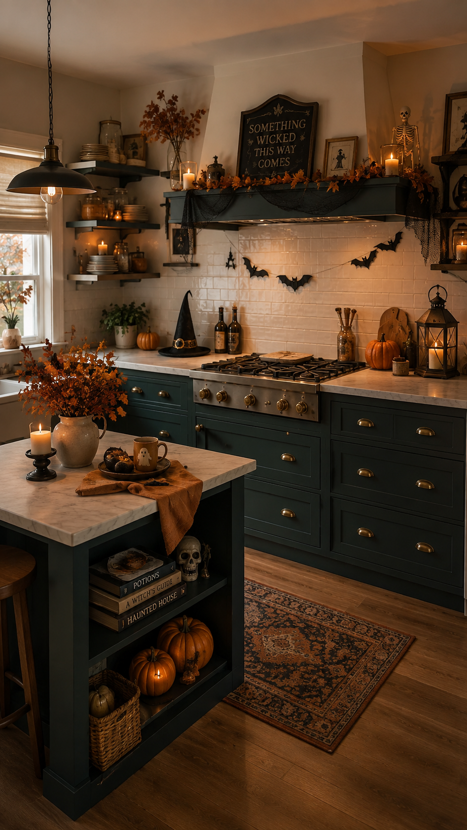 Farmhouse Halloween kitchen with forest green cabinets, subway tile, black range hood, bats, skeleton, witch hat, pumpkins, Potions books, orange branches, candles, and green island