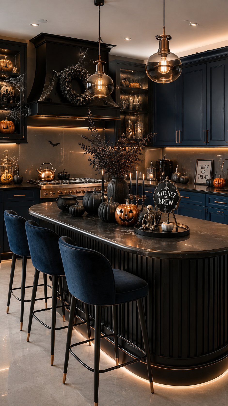 Luxury navy Halloween kitchen with curved island, fluted black base, velvet stools, smoked glass pendants, Witches Brew sign, black pumpkins, skeleton, candles, bats, and cobwebs