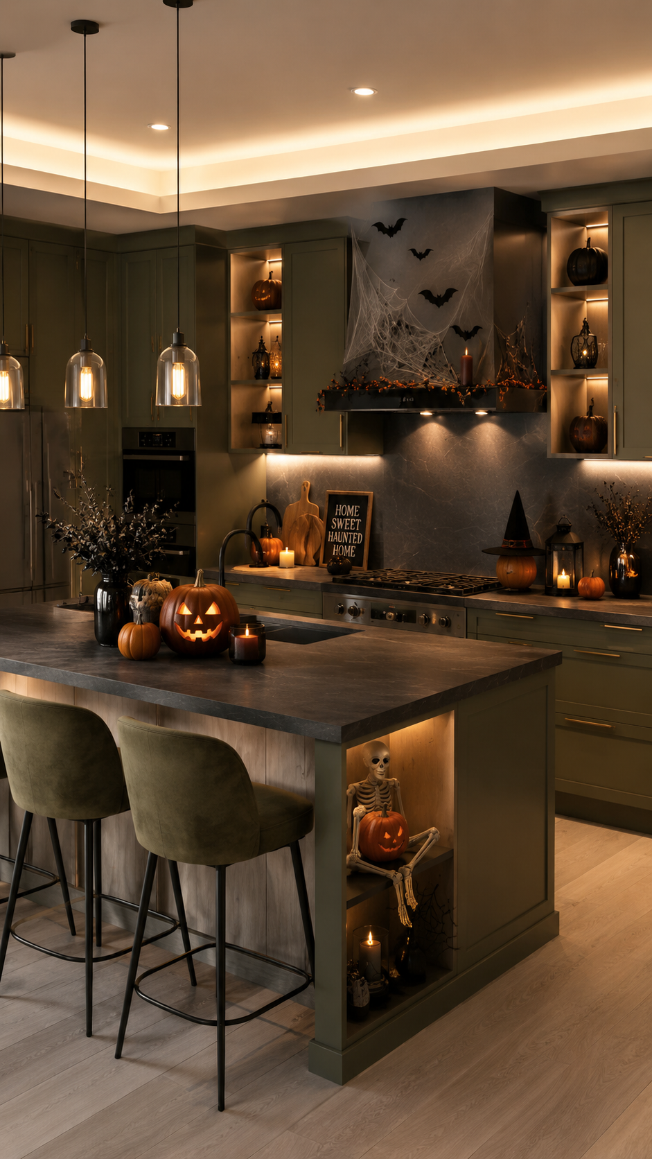 Olive green Halloween kitchen with gray stone countertops, glowing pumpkin, bats, cobweb range hood, skeleton niche, Home Sweet Haunted Home sign, black branches, candles, and pendant lights
