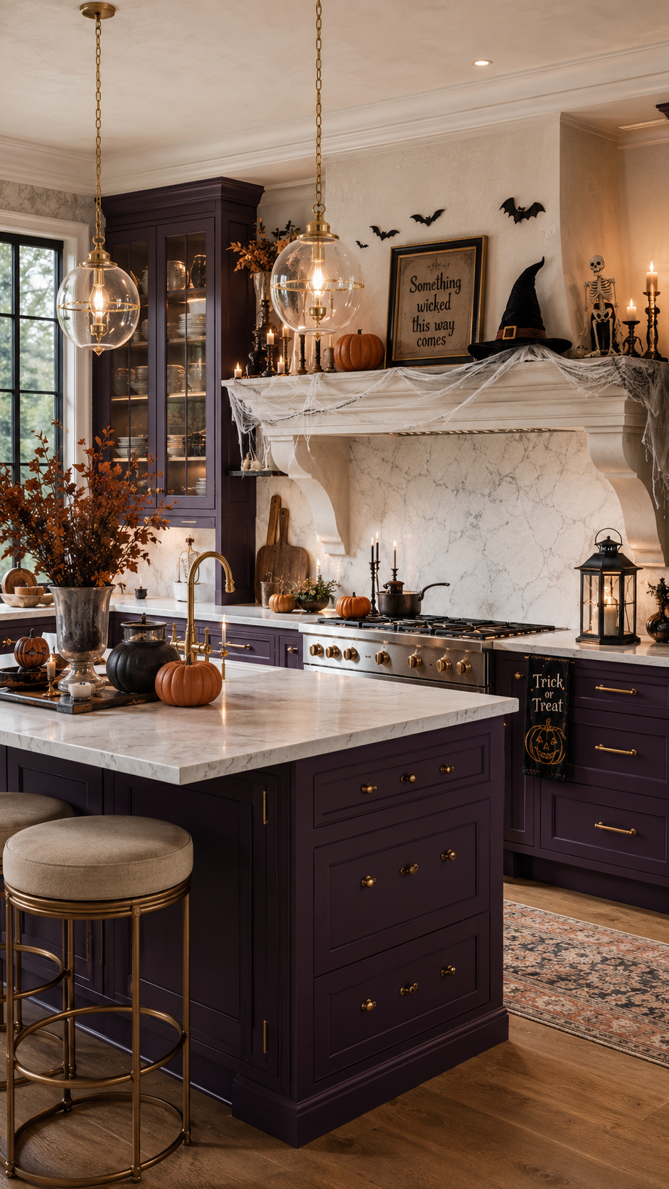 Plum Halloween kitchen with purple cabinets, marble countertops, glass globe pendants, bats, cobwebs, pumpkins, skeleton, witch hat, cauldron, candles, and brass accents