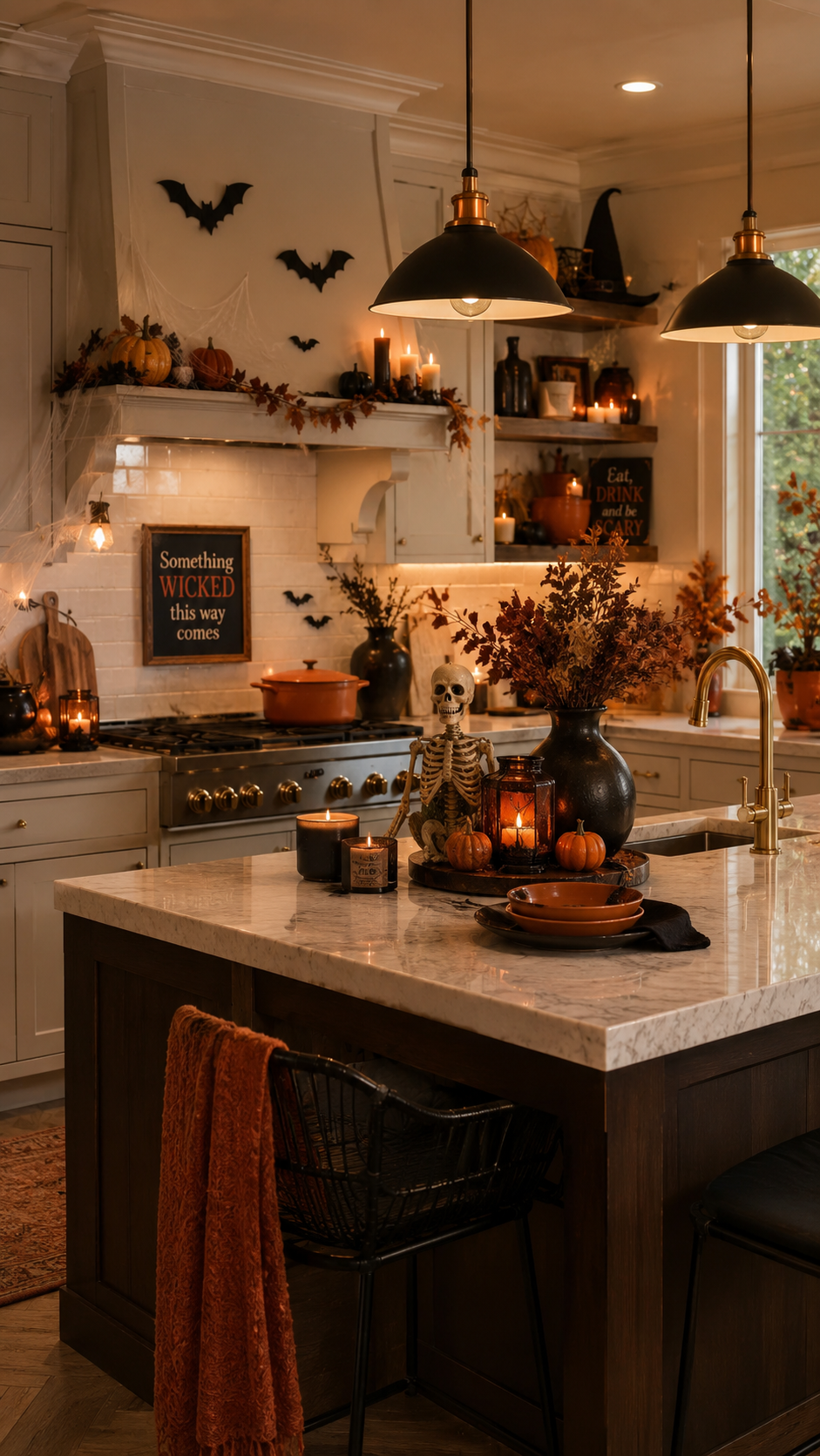 Cream farmhouse Halloween kitchen with dark island, black pendant lights, bats, cobwebs, pumpkins, skeleton, witch hat, lanterns, orange branches, spooky signs, and vintage rug