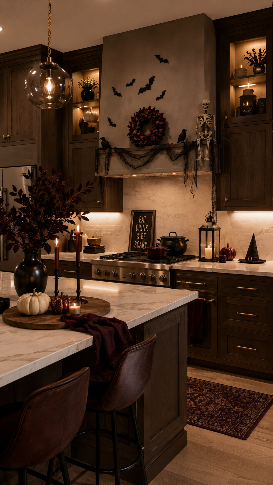 Elegant Halloween kitchen with dark wood cabinets, burgundy wreath, bats, skeleton, black gauze, marble island, pumpkins, candles, burgundy branches, lantern, and leather stools