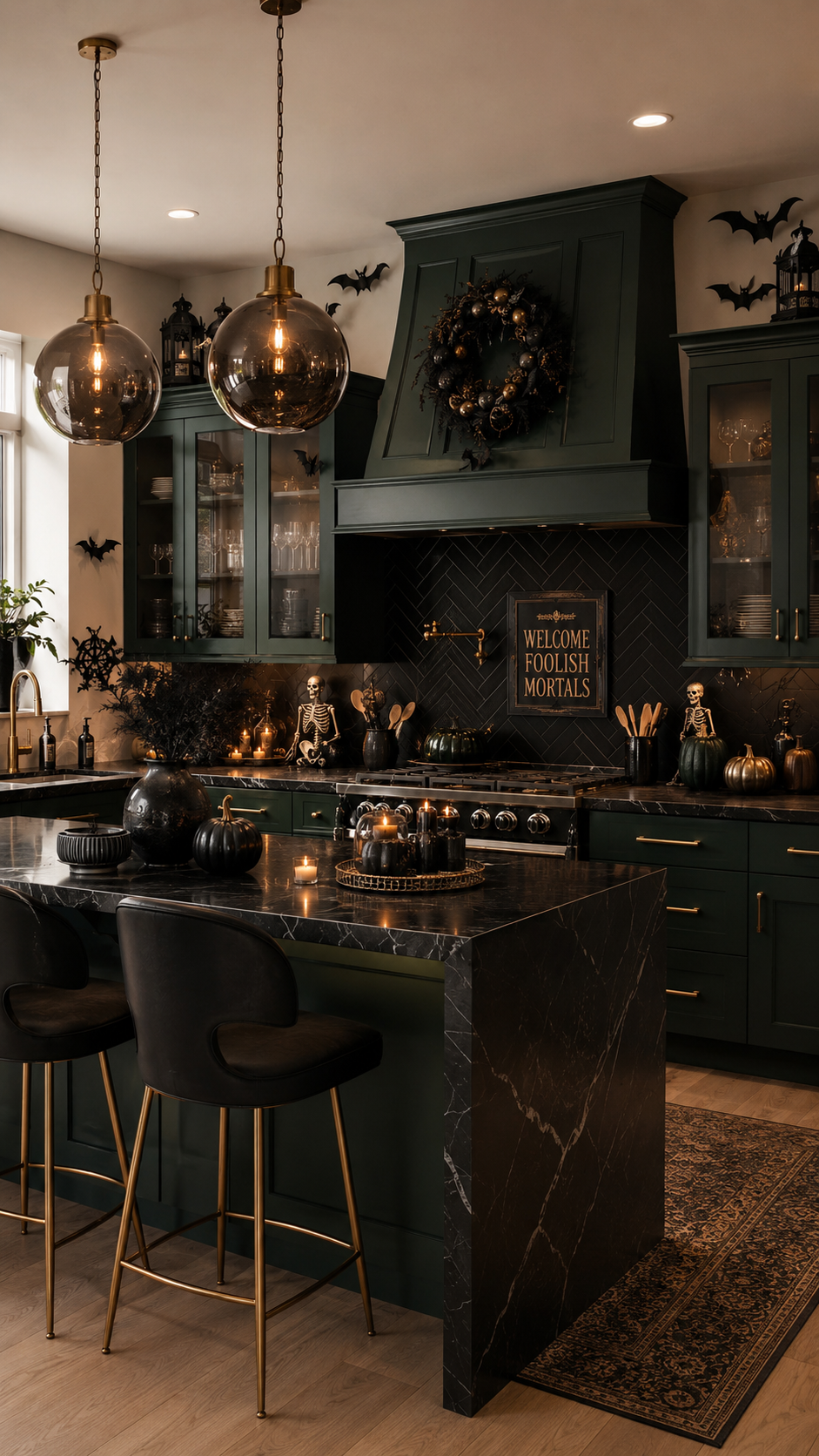 Deep green Halloween kitchen with black marble island, brass accents, bat wall decor, wreath, Welcome Foolish Mortals sign, black pumpkins, candles, skeletons, and smoked glass pendants