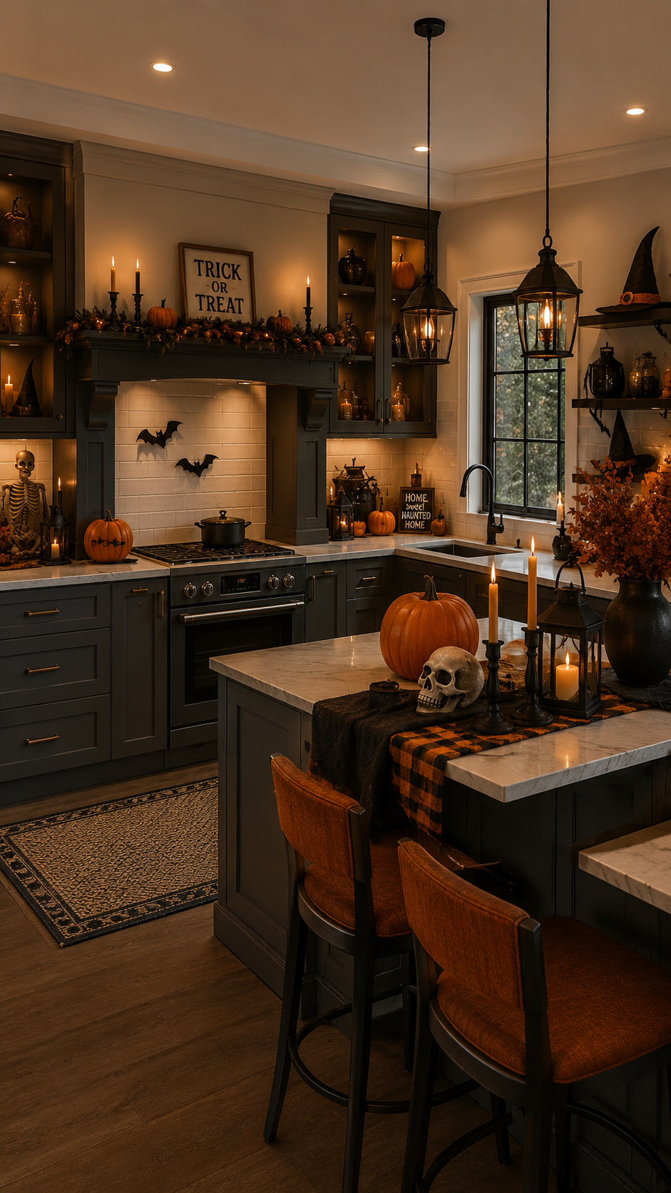 Halloween kitchen with charcoal cabinets, marble countertops, black bats, Trick or Treat sign, garland, pumpkins, skull, candles, skeleton, lanterns, and leather stools