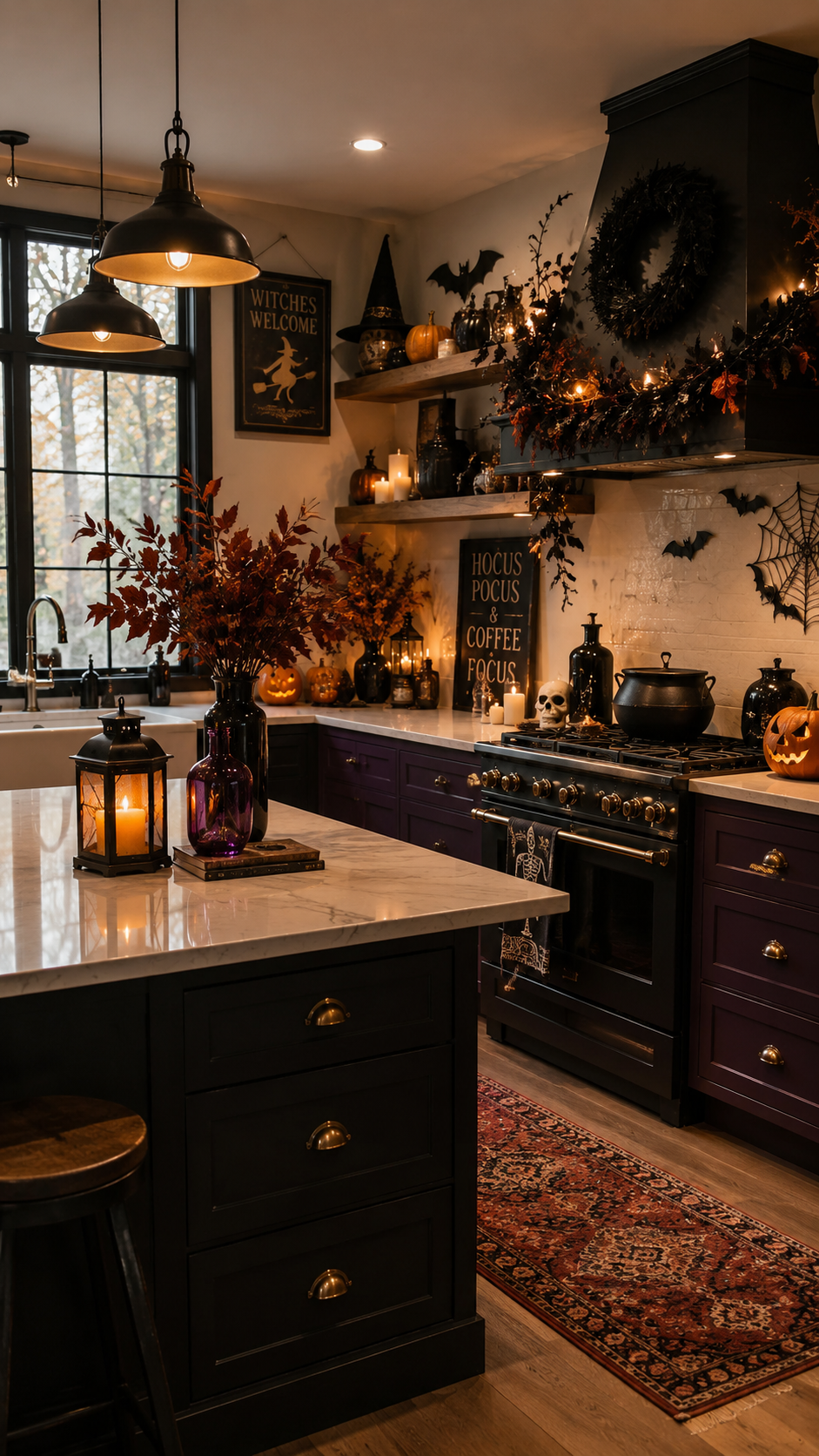 Halloween kitchen decor ideas with black and plum cabinets, bats, garland, jack-o-lanterns, black pendant lights, marble island, witch signs, candles, branches, and patterned runner