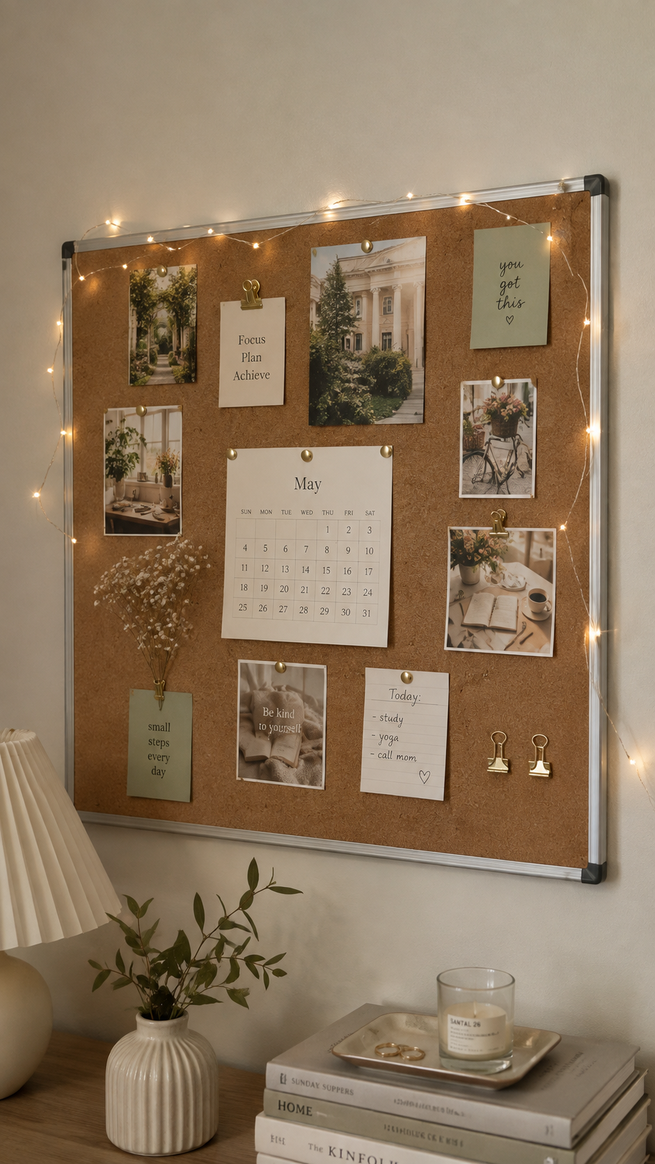Personal college cork board with photos, May calendar, motivational notes, fairy lights, dried flowers, cream lamp, wood desk, green branches, books, candle, tray, and cozy neutral dorm decor