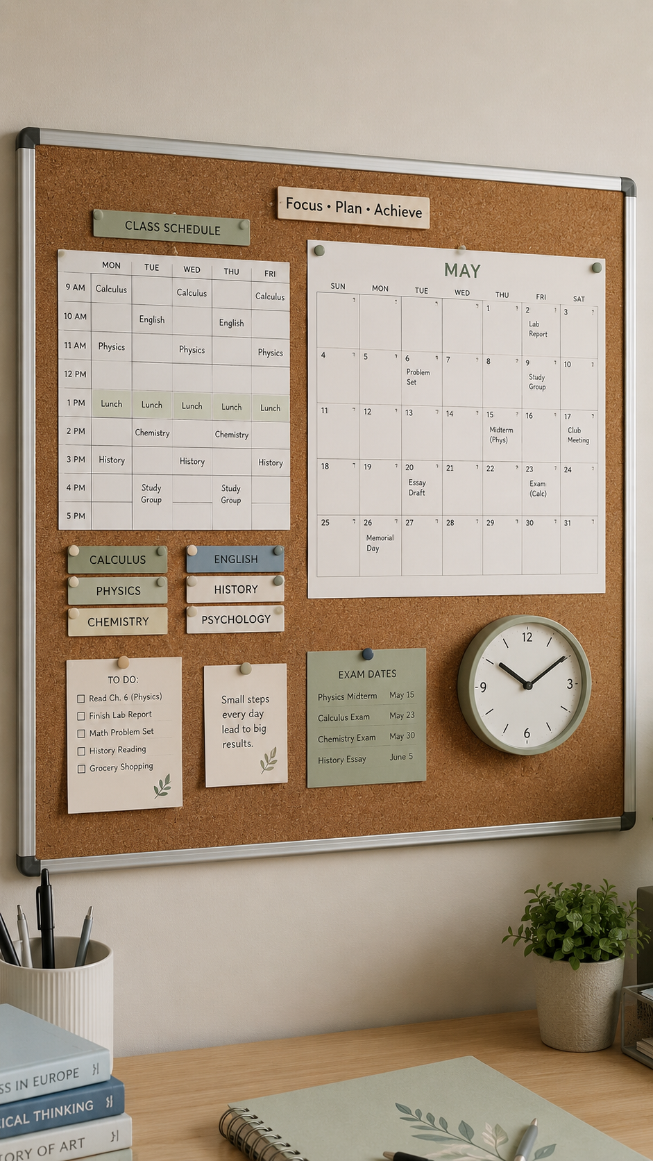 Minimal college cork board with weekly class schedule, May calendar, exam dates, to-do list, clock, muted green labels, wood desk, pen holder, books, plant, and sage notebook