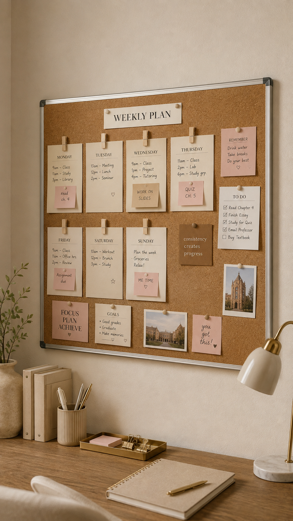 College cork board weekly plan with Monday to Sunday cards, to-do list, goals, campus photos, blush sticky notes, cream desk lamp, wood desk, vase branches, notebooks, pen cup, and gold tray