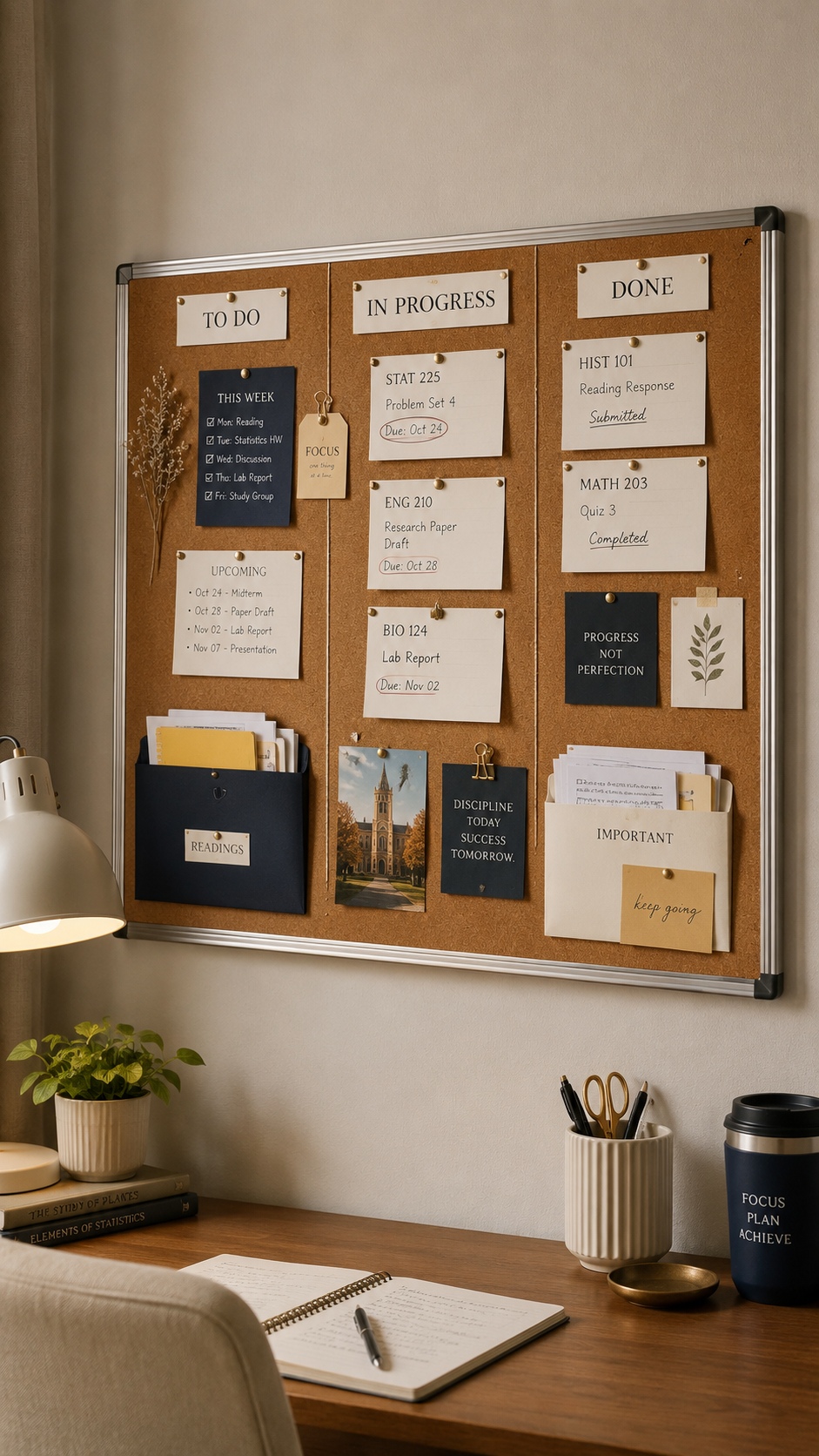 College cork board divided into To Do In Progress and Done sections with assignment cards, deadlines, paper pockets, botanical decor, desk lamp, plant, books, notebook, pen organizer, and neutral study space