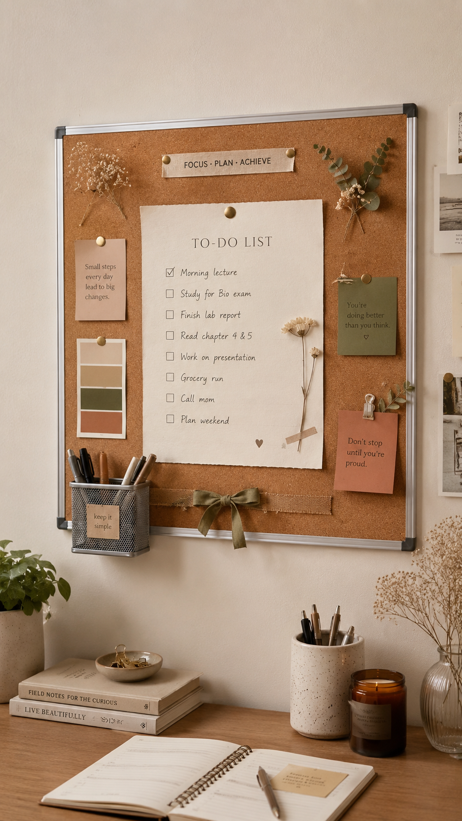 Neutral college cork board with large to-do list, motivational cards, dried flowers, pen holder attached to board, warm wood desk, plant, books, candle, notebook, and earthy study decor