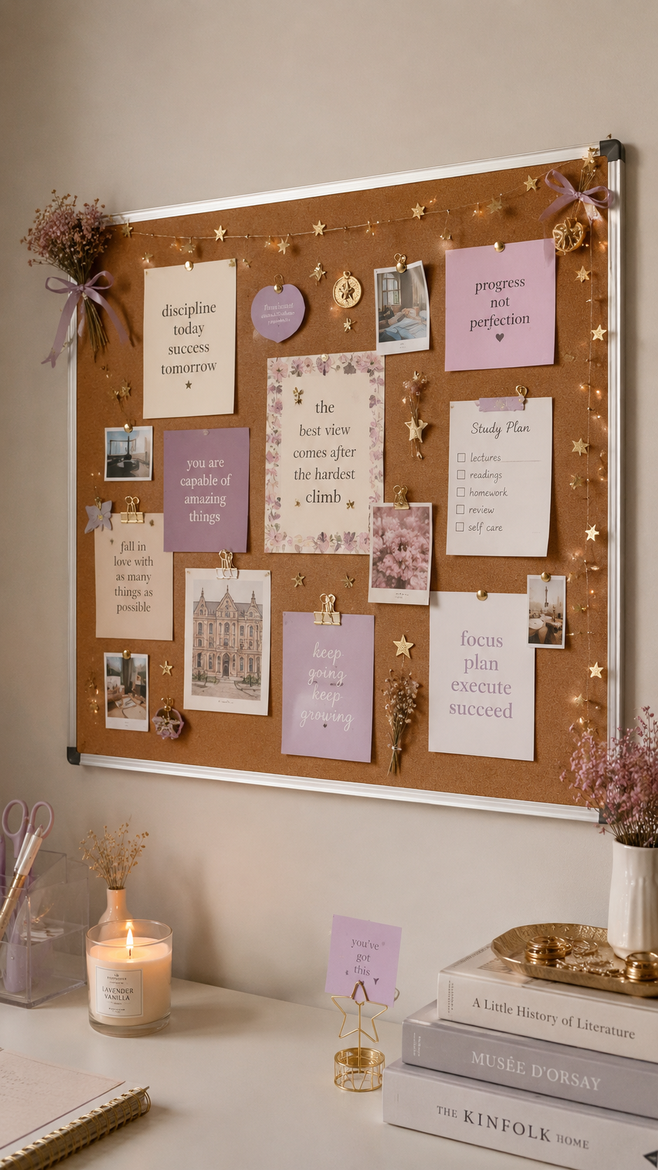 Lavender college cork board with motivational cards, study plan, floral prints, fairy lights, star accents, dried flowers, lavender ribbon, white desk, acrylic organizer, candle, books, and pink flowers