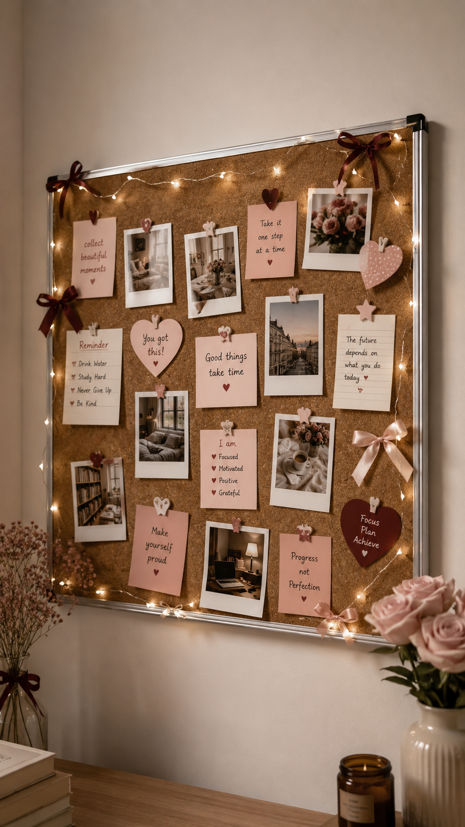 Blush college cork board with fairy lights, burgundy bows, inspirational quotes, photos, heart notes, dried flowers, wood desk, roses, candle, books, and romantic dorm room decor