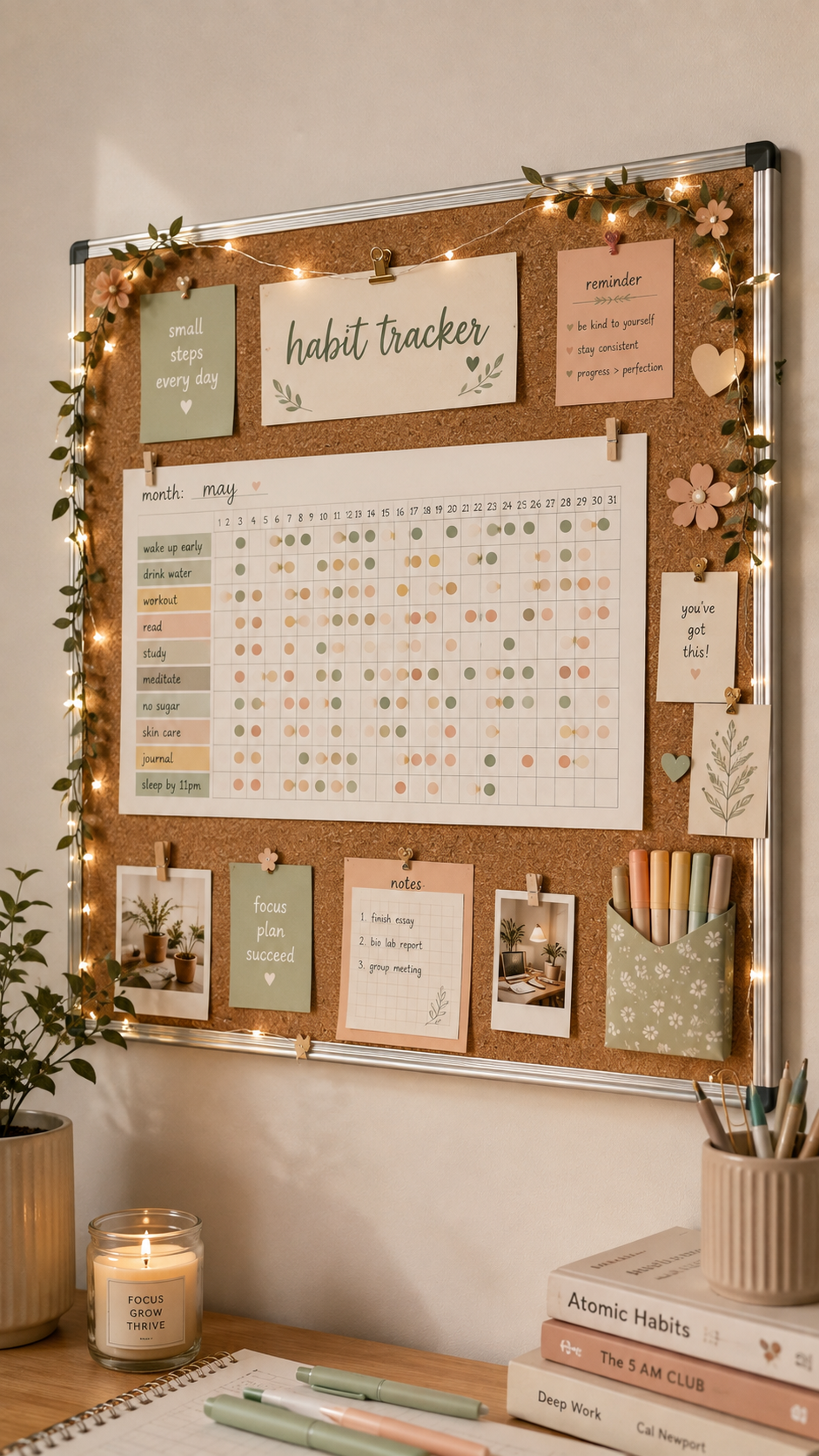 Pastel college cork board with habit tracker, daily wellness goals, motivational notes, pastel markers, fairy lights, vines, floral accents, plant, candle, productivity books, pen holder, and study notebook