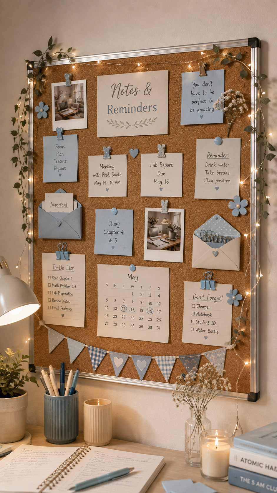 Blue college cork board with Notes and Reminders card, May calendar, blue envelopes, study goals, deadlines, meetings, photos, flowers, fairy lights, white desk, lamp, plant, books, and candle