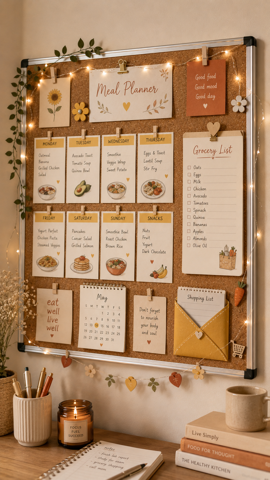 College cork board meal planner with weekly meal cards, grocery list, snacks section, yellow envelope, ivy, fairy lights, sunflower accents, wood desk, candle, mug, notebook, and dried flowers