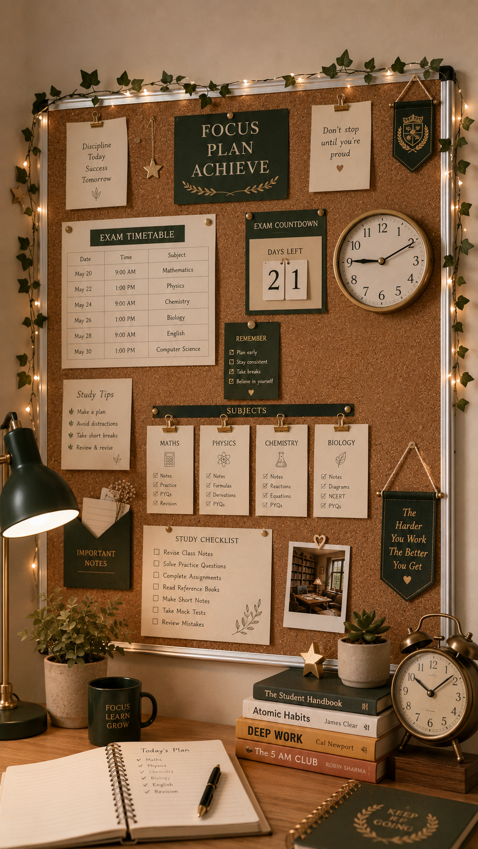 College cork board with Focus Plan Achieve sign, exam timetable, countdown, subject cards, study checklist, ivy, fairy lights, green lamp, plant, mug, clock, books, and study desk