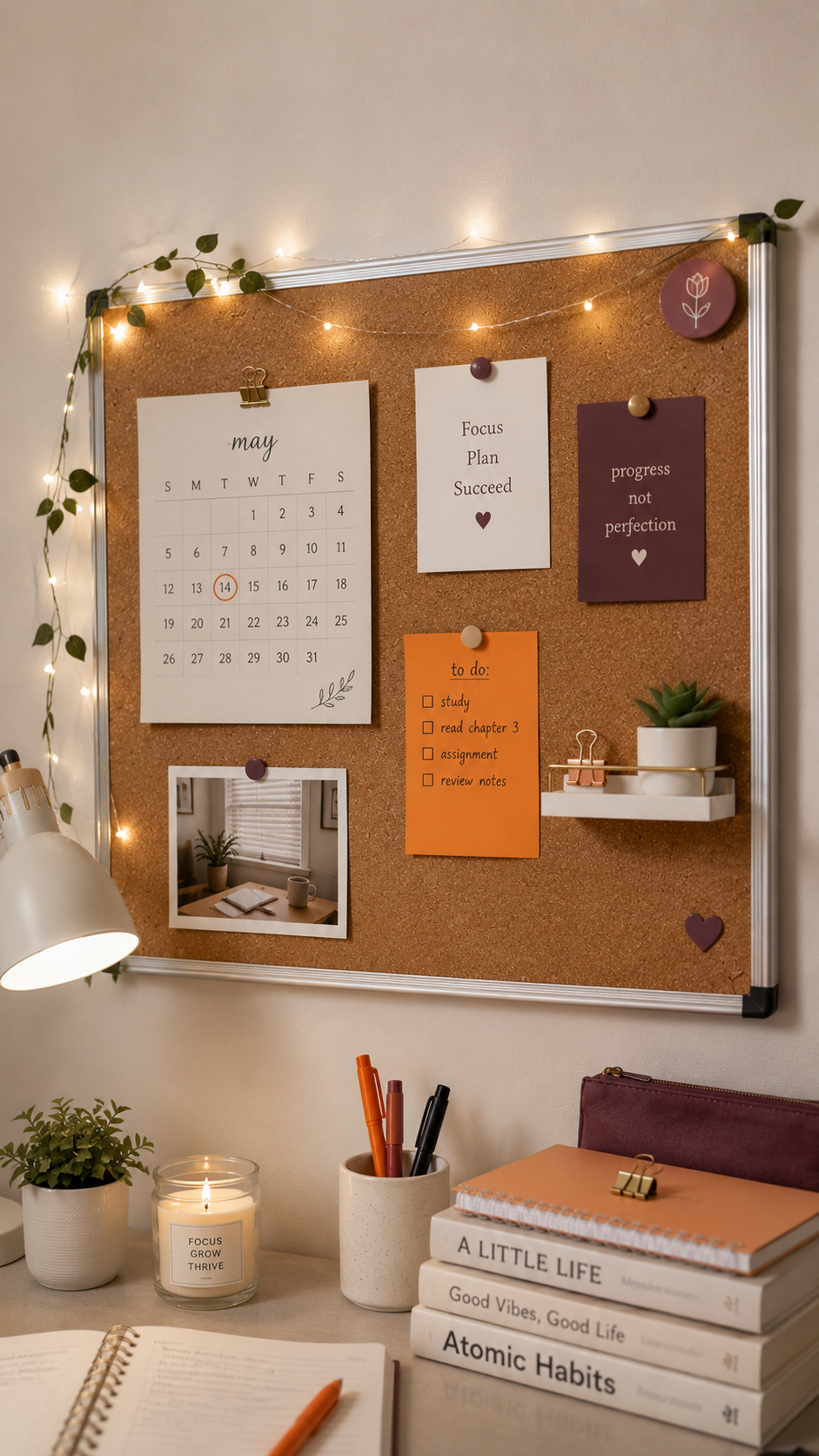 College cork board with monthly calendar, to-do list, motivational notes, orange accents, fairy lights, ivy, mini shelf with succulent, white task lamp, candle, books, and organized study desk