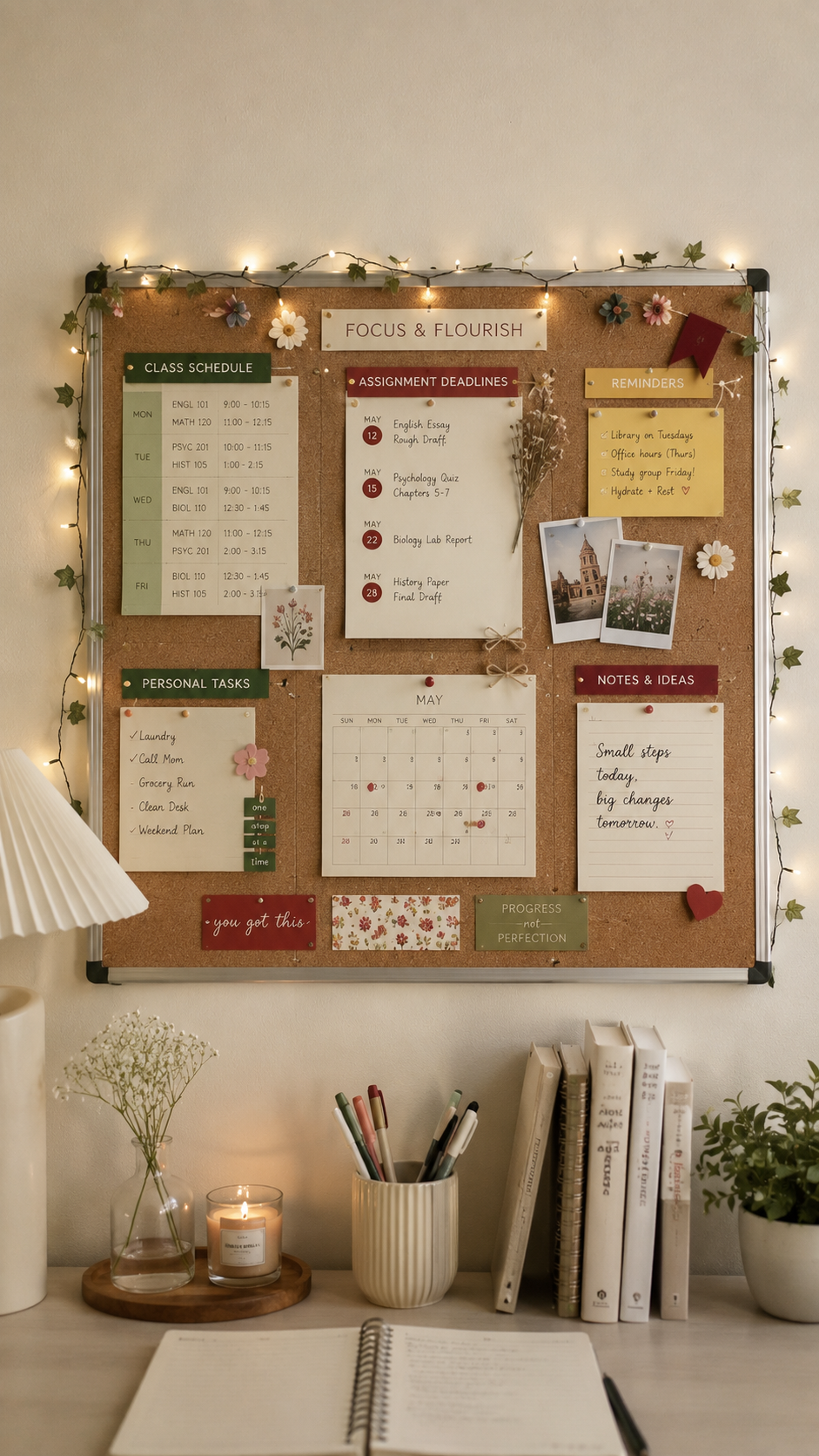 College cork board with Focus and Flourish sign, class schedule, assignment deadlines, calendar, reminders, fairy lights, ivy, flowers, white desk, lamp, books, plant, and cozy study corner