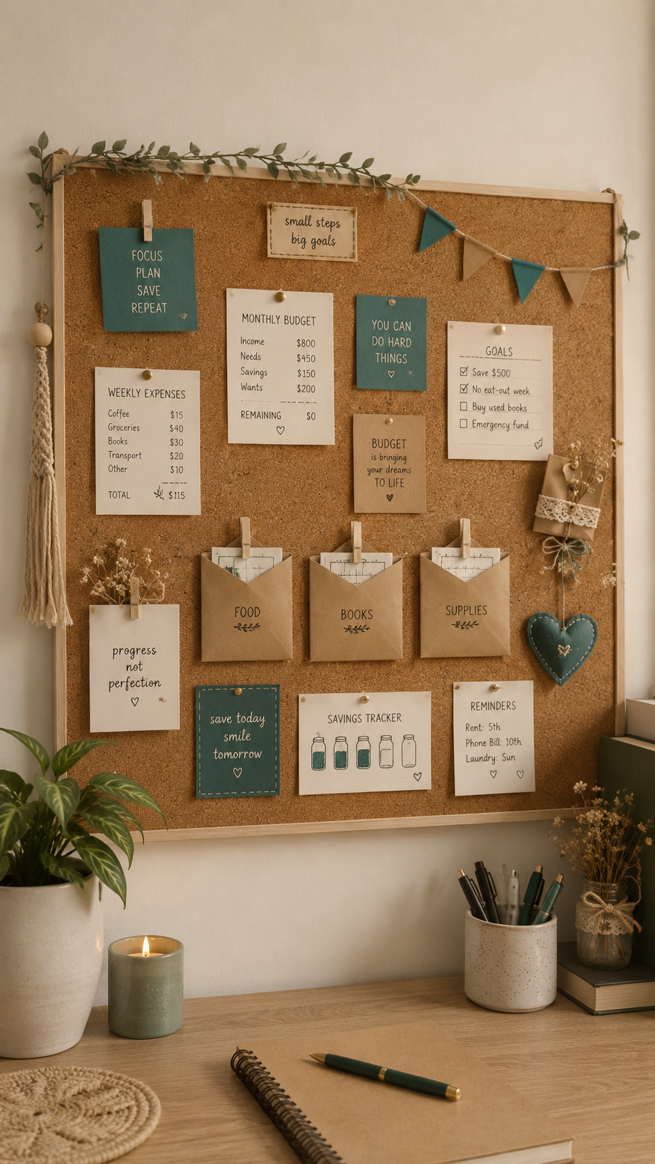 College cork board with budget planner, monthly income notes, savings tracker, food books and supplies envelopes, teal bunting, leafy garland, wood desk, plant, candle, and neutral dorm decor