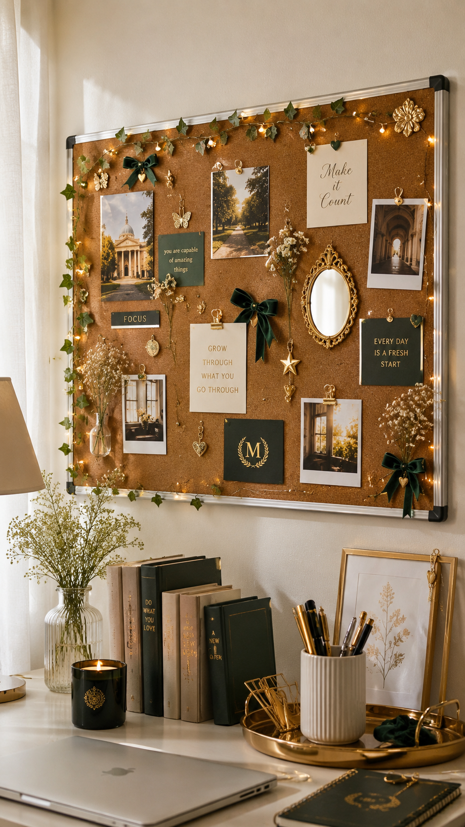 College cork board ideas with fairy lights, ivy garland, green velvet bows, gold accents, photos, motivational quotes, white desk, laptop, flowers, and elegant dorm room styling