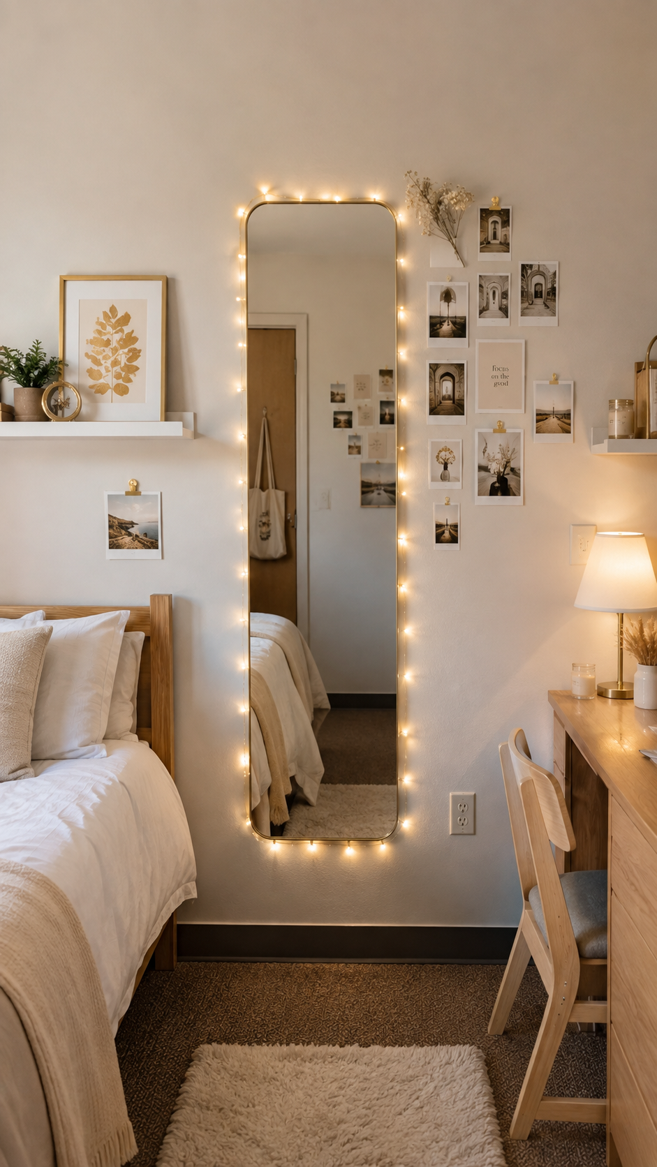 Dorm wall decor with full-length mirror, fairy lights, photo collage, dried flowers, floating shelf, botanical print, wooden bed, neutral bedding, study desk, lamp, candle, and cream rug
