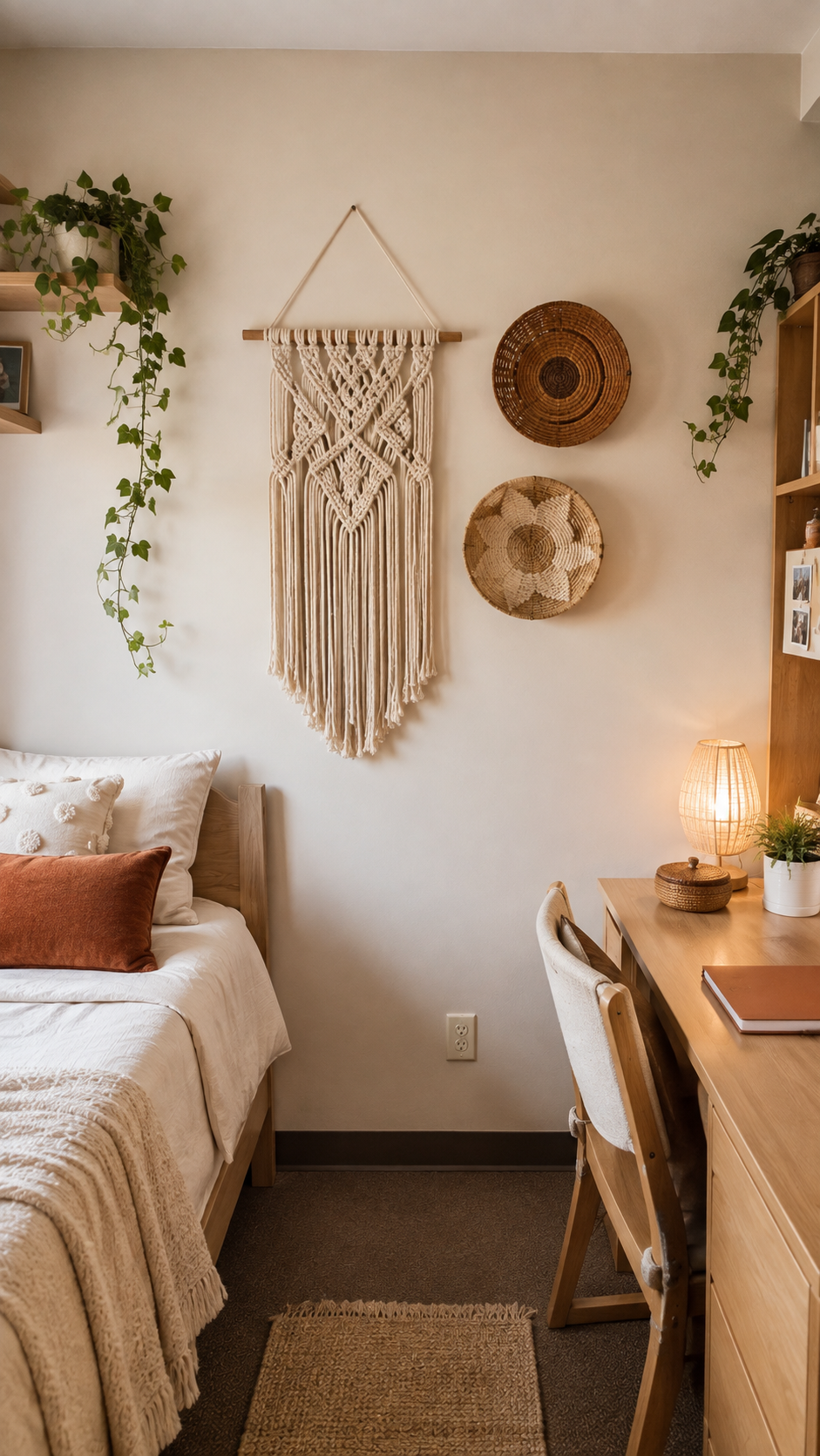 Boho dorm wall decor with macrame wall hanging, woven basket wall art, trailing plants, wooden bed, rust pillow, chunky throw, desk, woven lamp, neutral chair, and woven rug