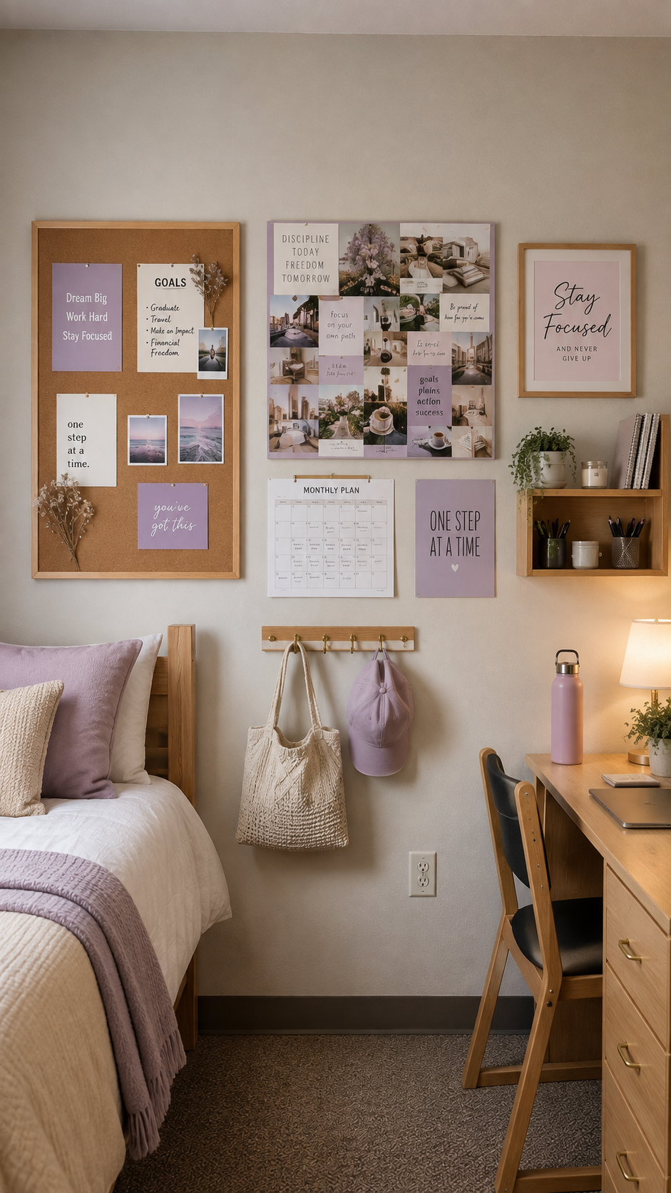 Lavender dorm wall decor with cork board, vision board, monthly planner, motivational prints, wooden cubby, hook rail, lavender bedding, desk, laptop, lamp, and plant