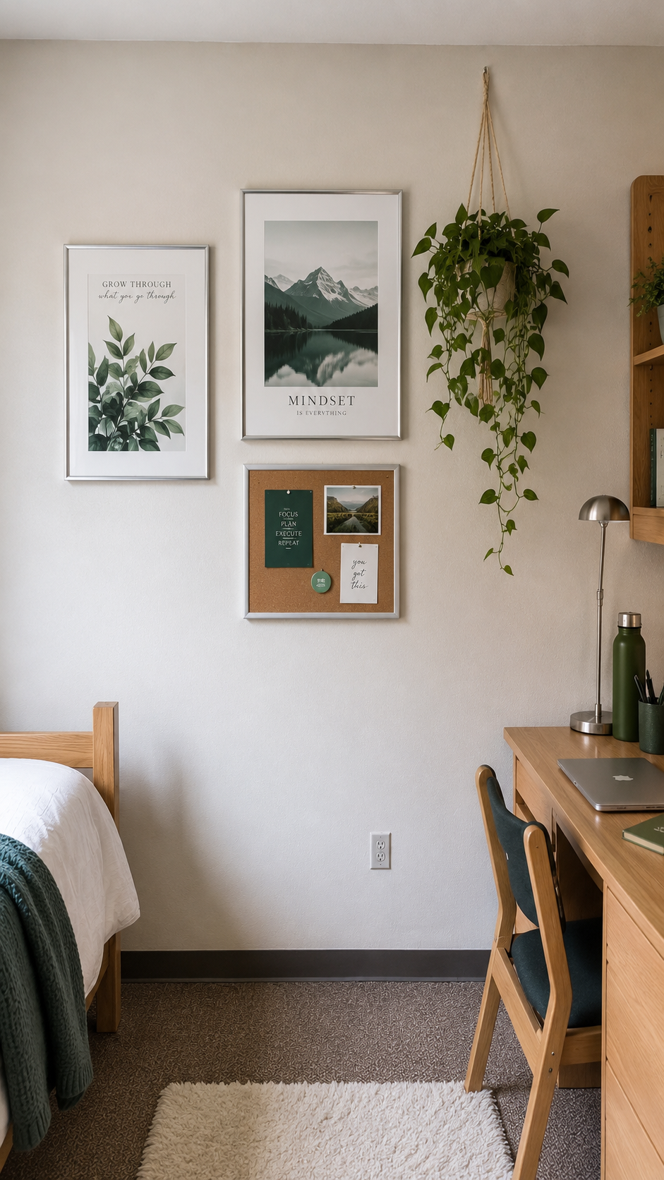 Green dorm wall decor with botanical print, mountain artwork, cork board, hanging plant, wooden bed, dark green throw, study desk, green chair, shelves, and cream rug