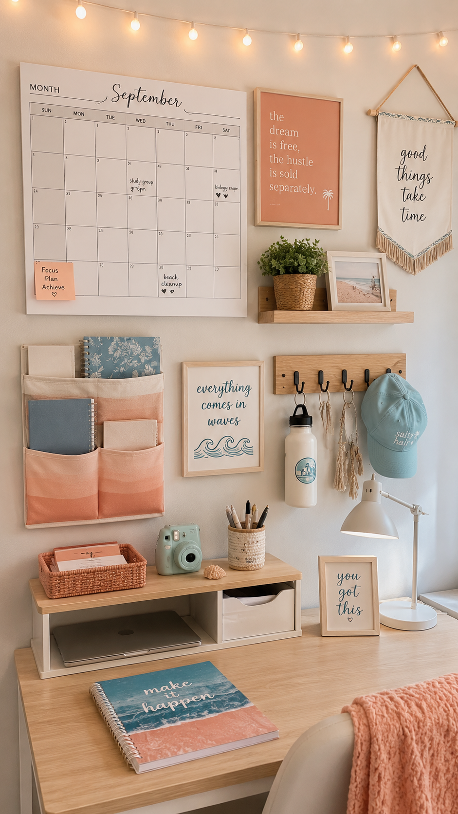 Coral and blue dorm study wall decor with September calendar, fabric organizer, hook rail, framed quotes, string lights, shelf, plants, wooden desk, coral throw, and coastal style