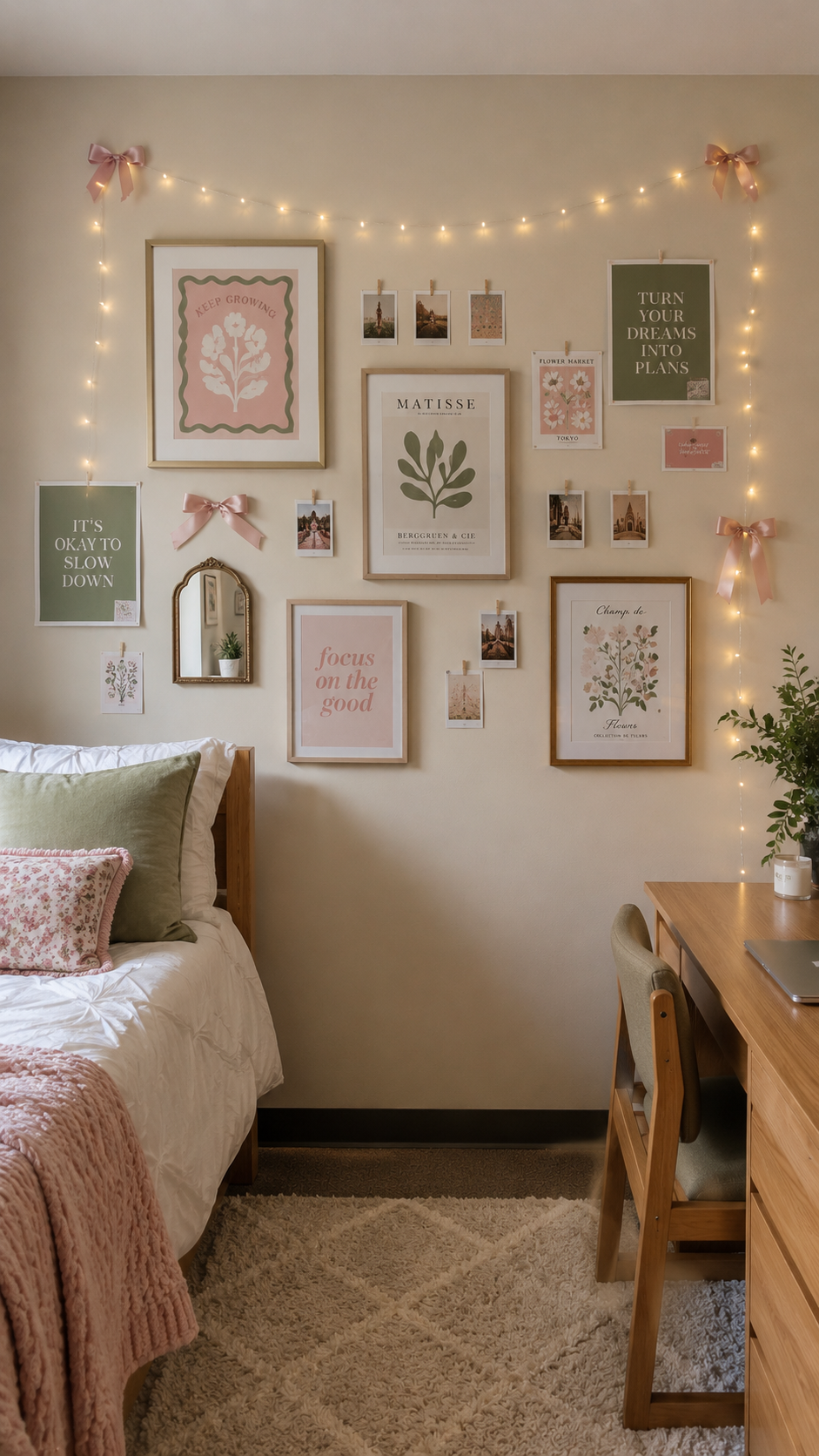Feminine dorm wall decor with blush pink gallery wall, botanical prints, bows, string lights, gold mirror, wooden bed, pink throw, sage pillow, desk, plant, and shag rug