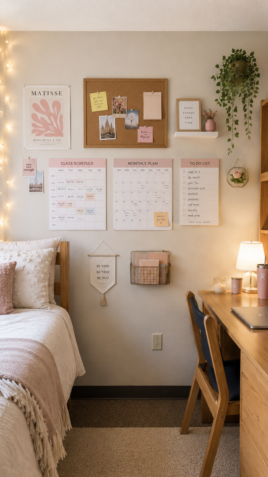 Pink dorm wall decor with cork board, class schedule, monthly calendar, to-do list, framed art, fabric banner, wall basket, plants, pink bedding, wood desk, and soft college room styling
