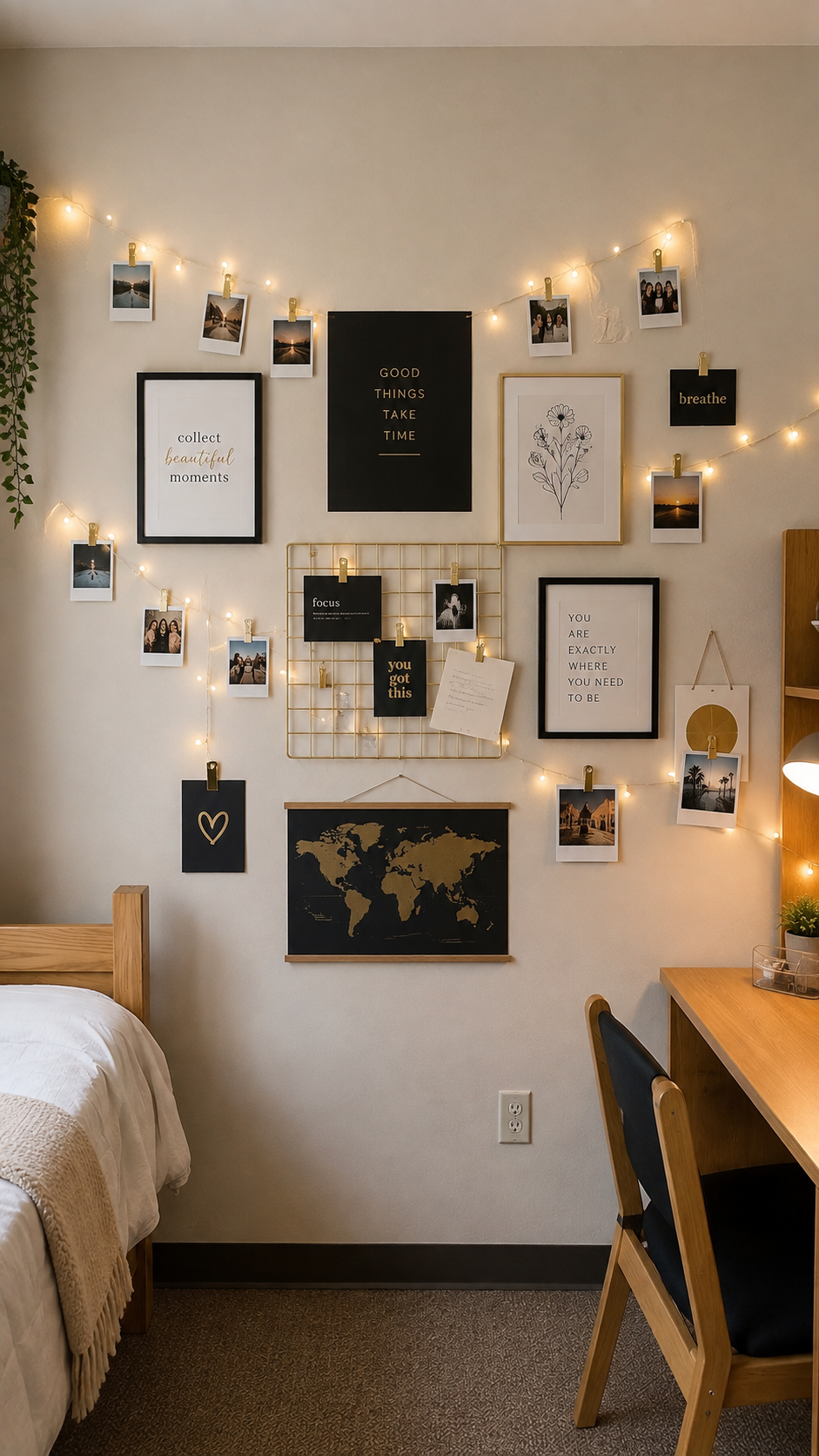 Black and gold dorm wall decor with string lights, photo clips, framed quotes, wire grid, world map, botanical print, wooden bed, desk, plants, and cozy modern styling