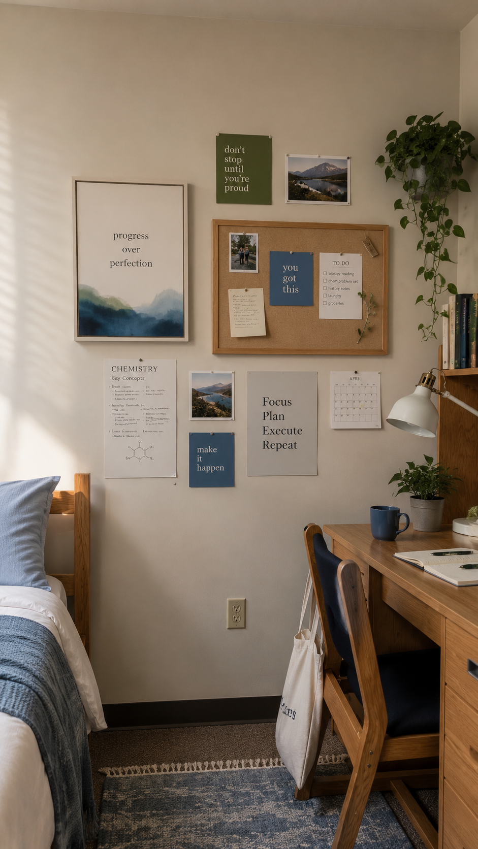 Motivational dorm wall decor with framed progress print, cork board, study notes, blue and green artwork, plants, wooden bed, desk, navy chair, and blue rug