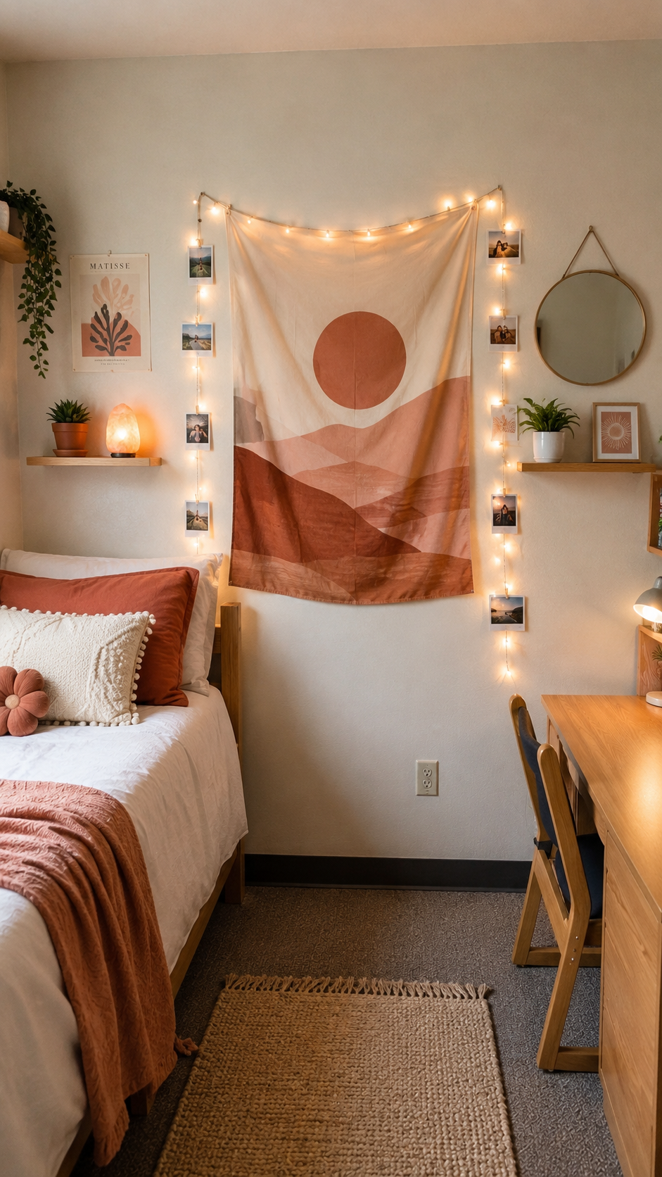 Boho dorm wall decor with large terracotta tapestry, fairy lights, clipped photos, round mirror, floating shelves, plants, rust pillows, wooden bed, desk, and woven rug