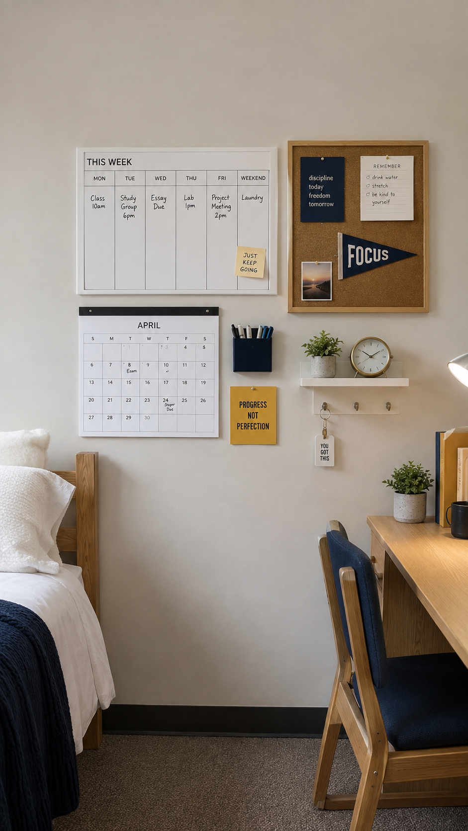 Functional dorm wall decor with weekly planner, monthly calendar, cork board, motivational prints, wall shelf, hooks, navy throw, study desk, and organized college room