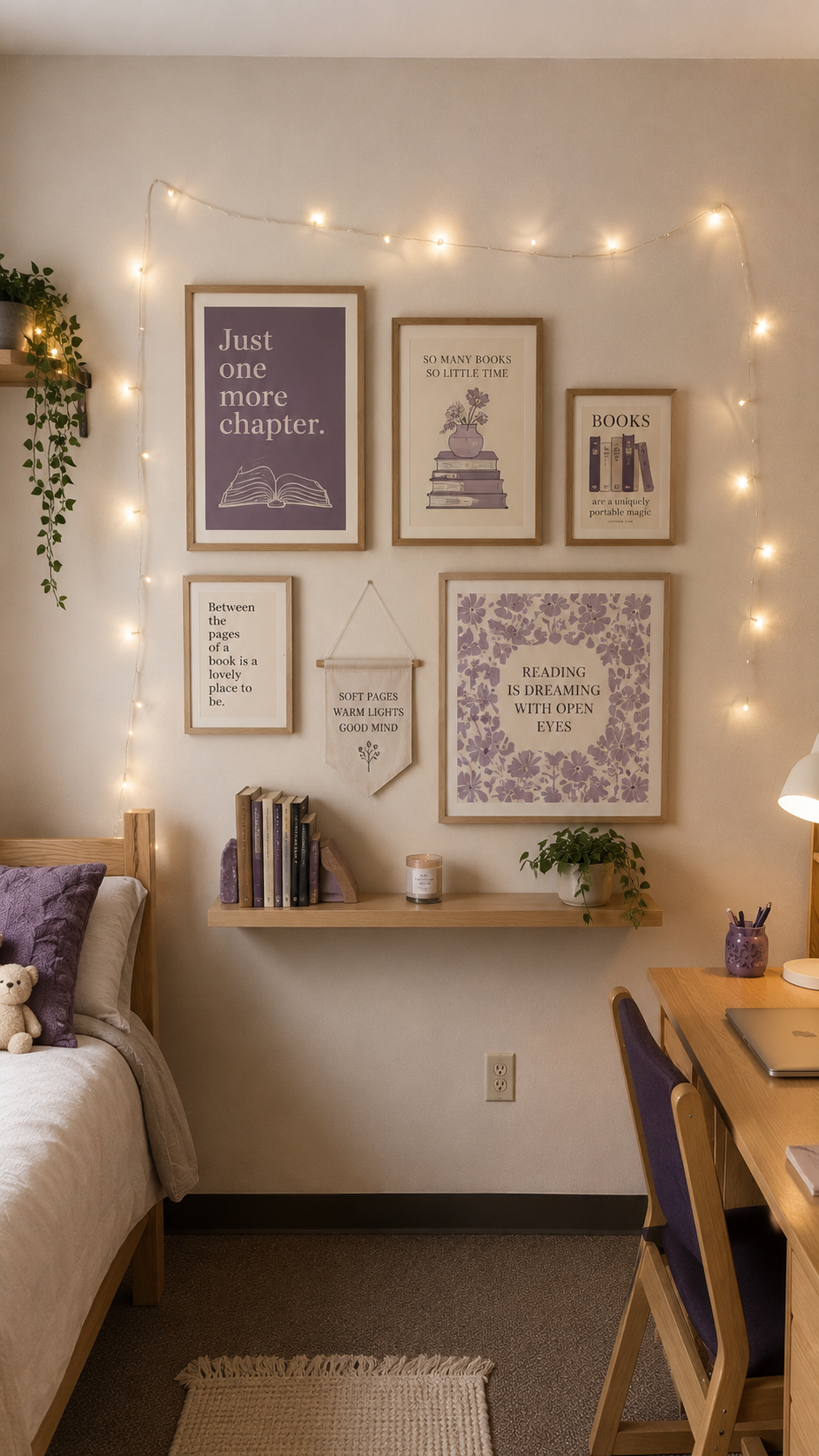 Bookish dorm wall decor with literary gallery wall, lavender prints, string lights, floating shelf, books, plants, wooden bed, purple chair, desk, and cozy reading room decor