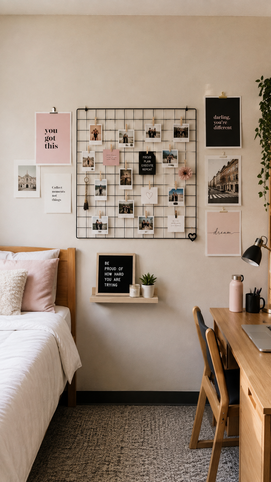 Dorm wall decor with black wire photo grid, clipped photos, blush posters, floating shelf, motivational prints, plants, wooden bed, desk, and cozy study corner