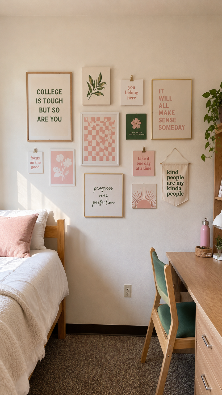 Dorm wall decor ideas with gallery wall, blush pink prints, botanical artwork, motivational quotes, wooden bed, study desk, green chair, plant, and cozy college room styling