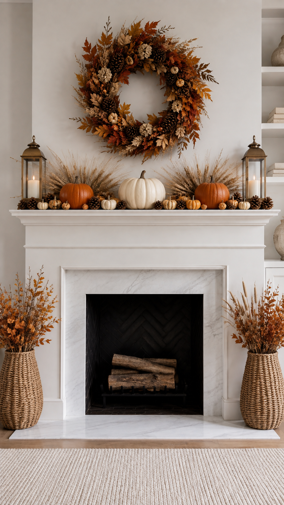 Harvest fall mantel decor with grapevine wreath, black lanterns, wooden crates, wheat bundles, orange pumpkins, pinecones, galvanized bucket, firewood basket, plaid blanket, and woven rug