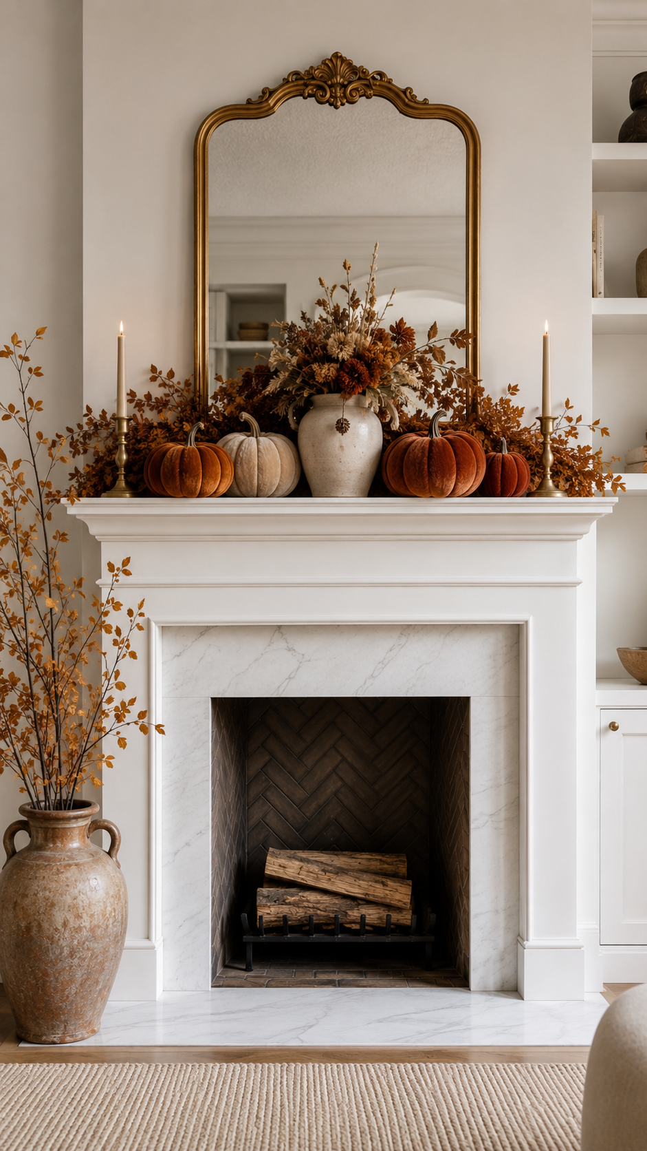 Modern moody fall mantel decor with dark floral artwork, matte black pumpkins, amber glass candleholders, burgundy branches, white fireplace, herringbone firebox, and neutral living room