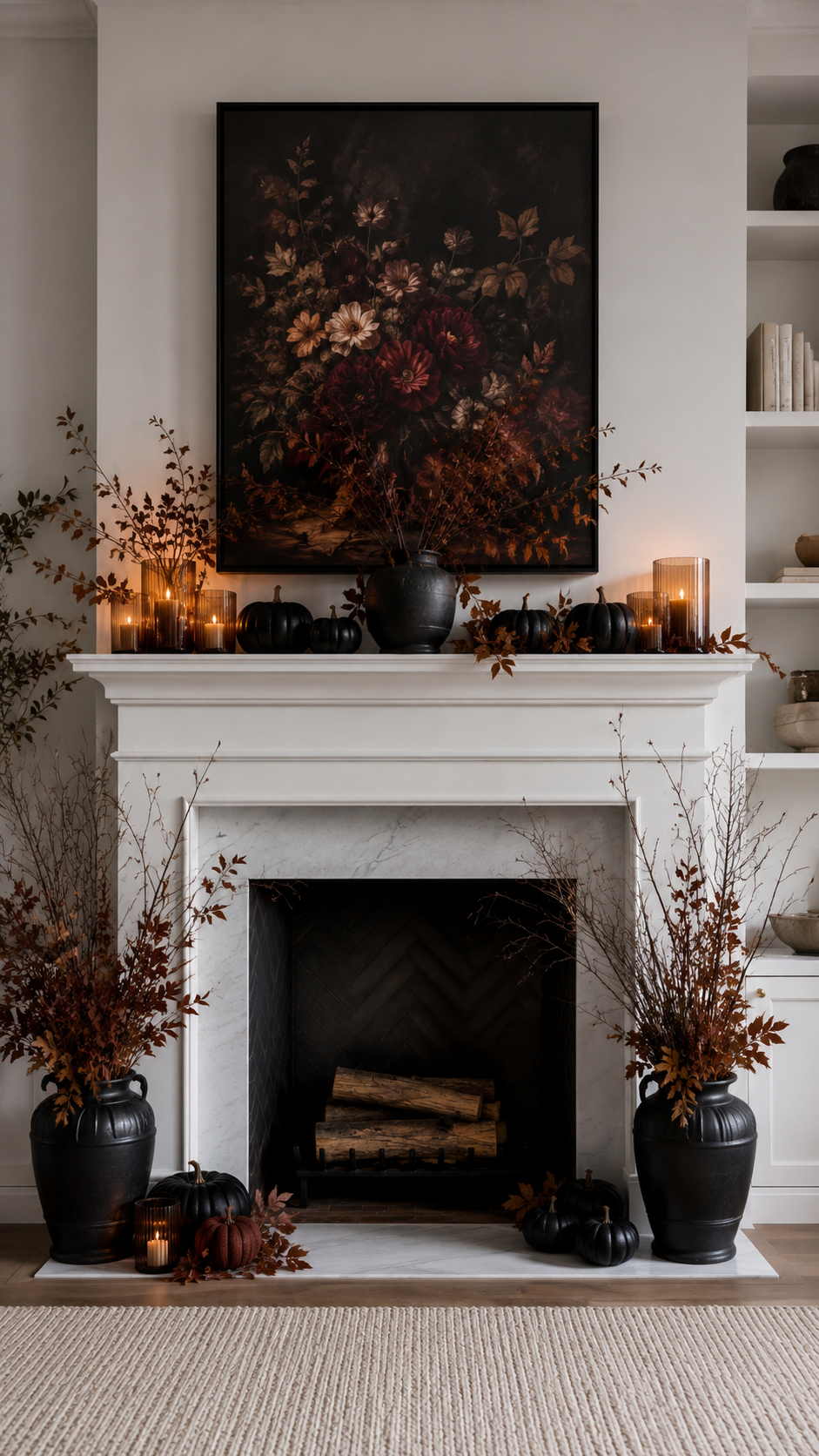 Clean farmhouse fall mantel decor with autumn wreath, large pumpkins, brass lanterns, dried wheat, pinecones, woven vessels, orange leaves, cream rug, and white fireplace