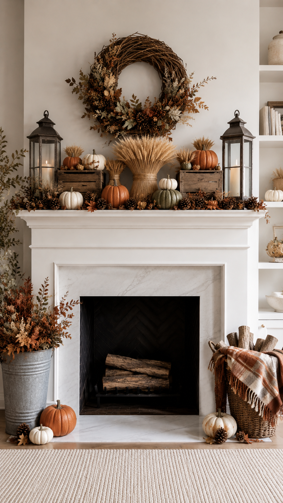 Moody fall mantel decor with antique mirror, black and green pumpkins, dark landscape art, burgundy foliage garland, amber bottles, leather books, brass candles, trunk, and patterned rug