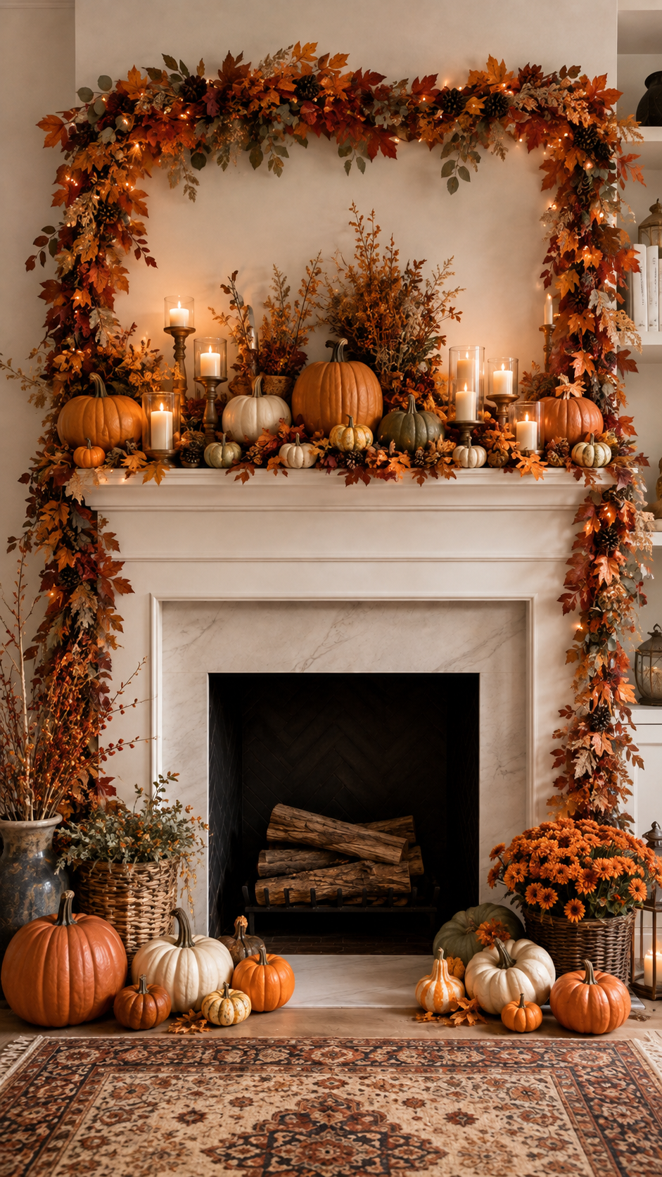 Soft natural fall mantel decor with dried wreath, botanical prints, muted pumpkins, brass candlesticks, dried flowers, baskets, pillows, plaid throws, lantern, and farmhouse living room