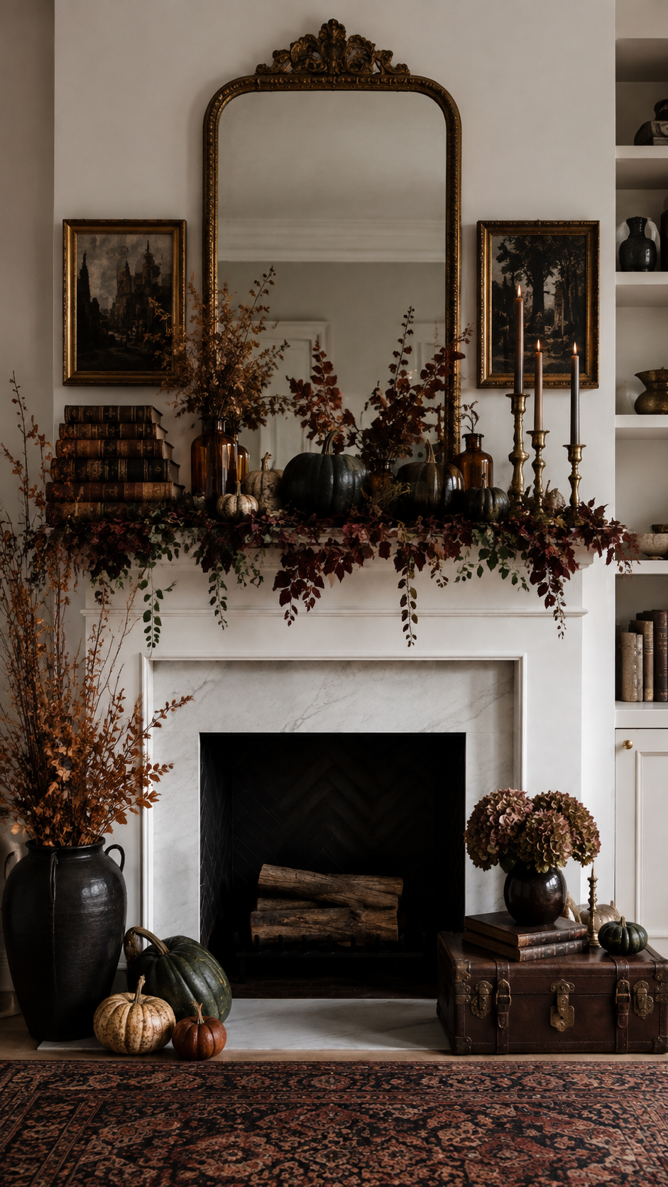 Fall mantel decor with cascading orange leaf garland, pumpkins, brass candlesticks, hurricane candles, dried flowers, woven baskets, mums, lanterns, built-in shelves, and traditional rug